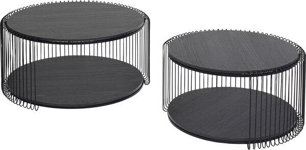 Couchtisch Wire Double Schwarz Wood mit schwarzem Metallgestell und zwei runden, dunkelbraunen Ablageflächen in 3/4-Ansicht.