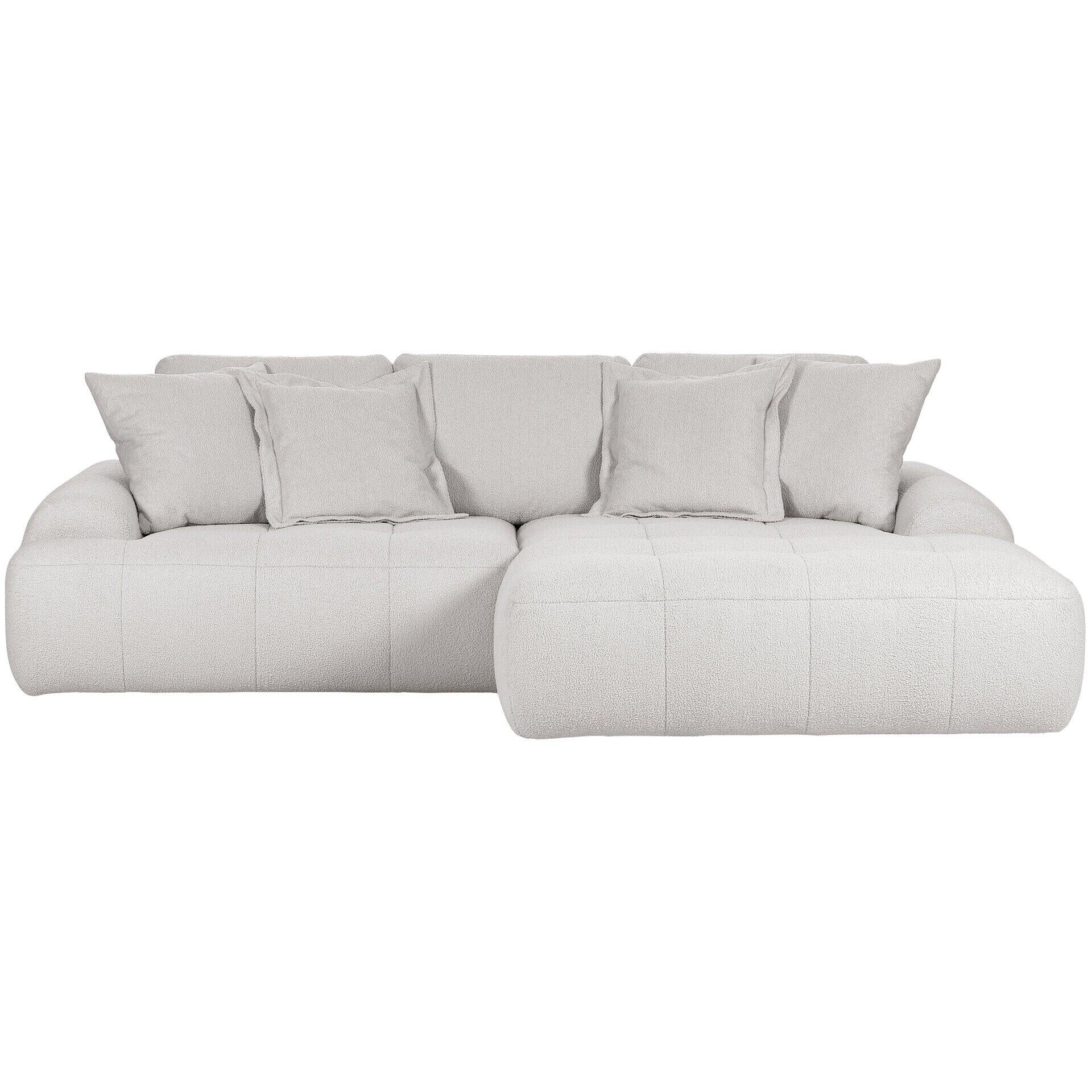 Graue Milazzo Polsterecke in Frontalperspektive mit kastenförmigem Design, Ziernähten und vier passenden Kissen.