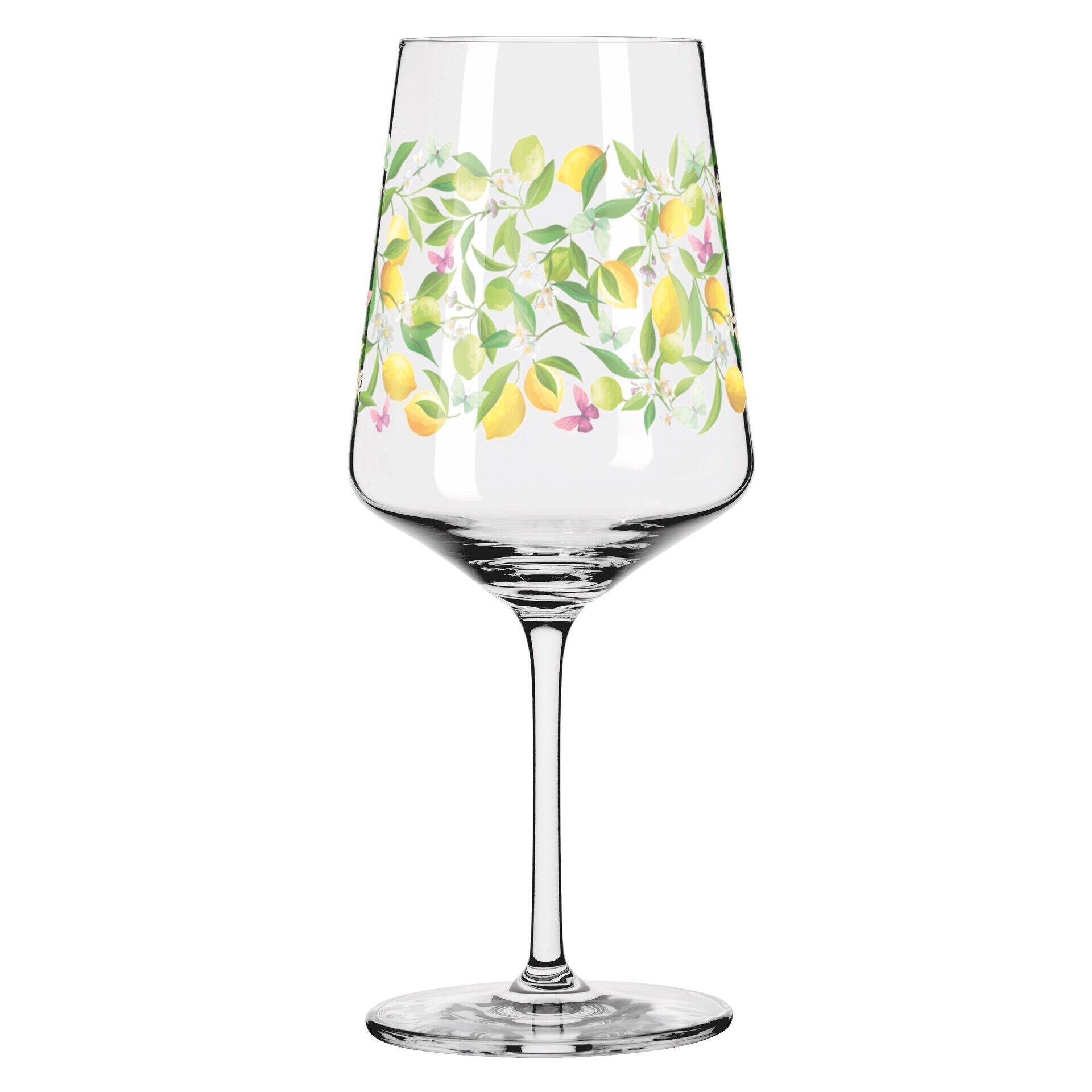 Aperitifglas mit konischem Kelch, floralem Zitronenmuster und kanneliertem Fuß, aus der Vogelperspektive dargestellt.