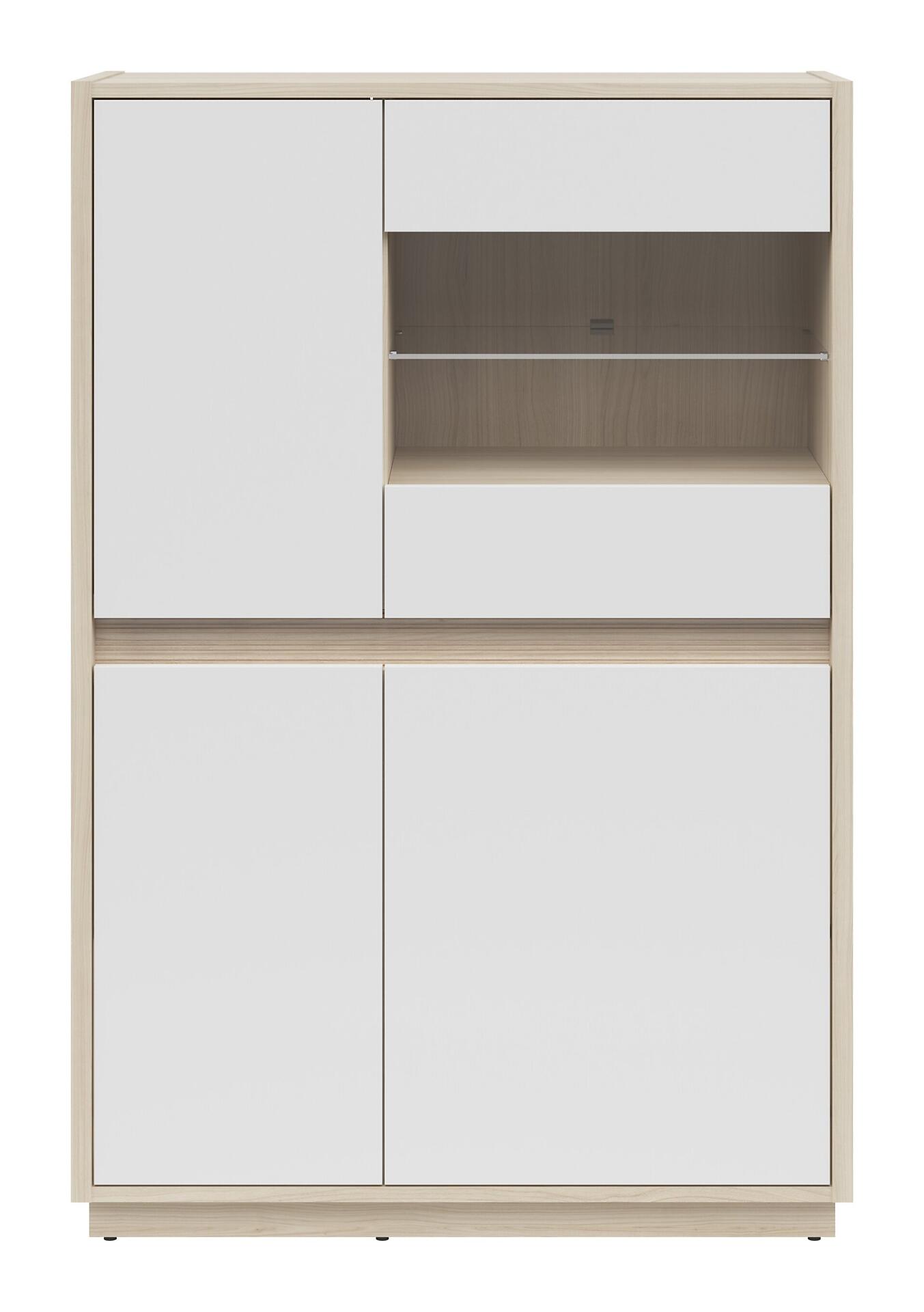 Hohe Kommode Kim mit skandinavischem Design, offener Nische mit Holzablage, Schublade und weißen Türen.