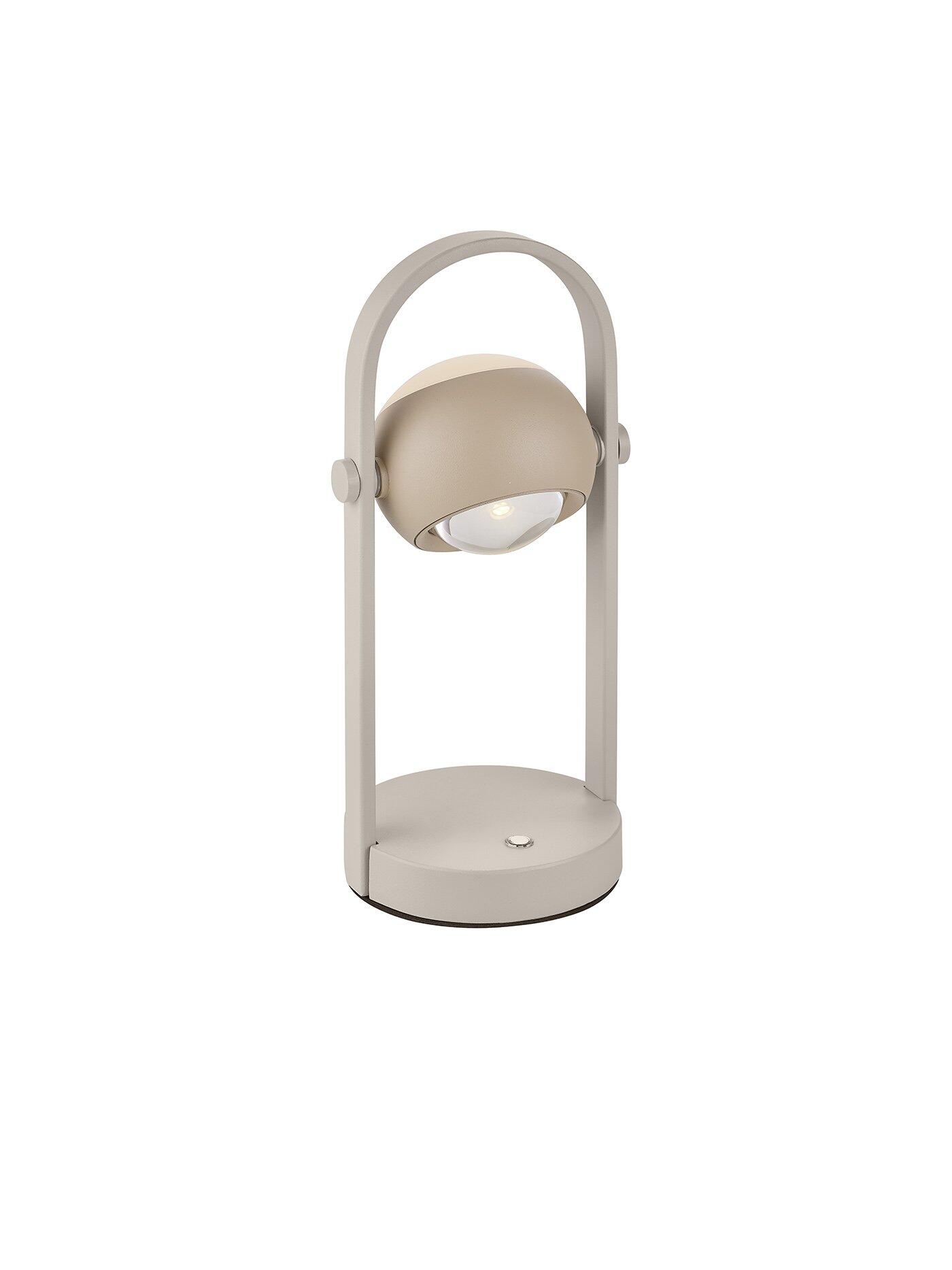 Tischleuchte Cannon mit minimalistischem Design und gebogenem Metallrahmen, die in einer Frontalansicht ihre stufenlos einstellbare Lichtfarbe und Touch-Funktion zeigt.