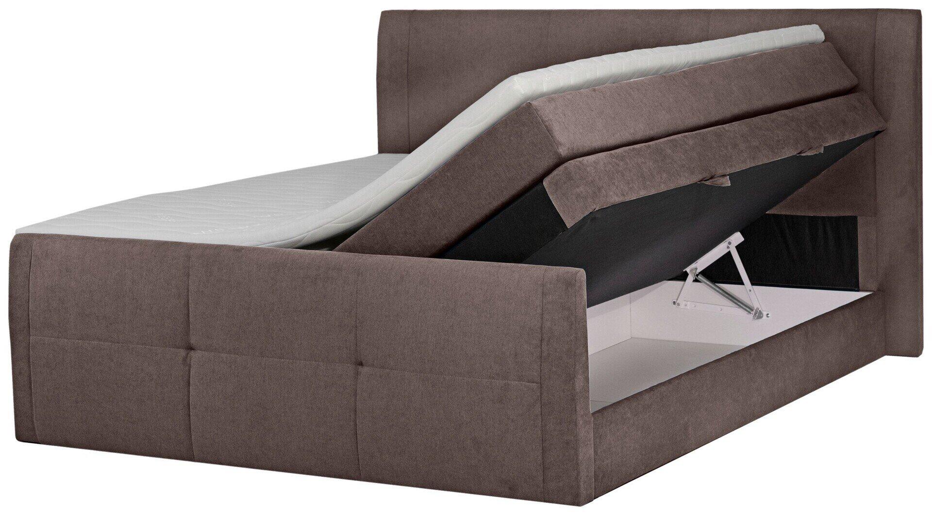 Boxspringbett Limos 2: Blick auf den hochgeklappten Lattenrost mit Stauraum und metallener Mechanik, aus Drei-Viertel-Perspektive.