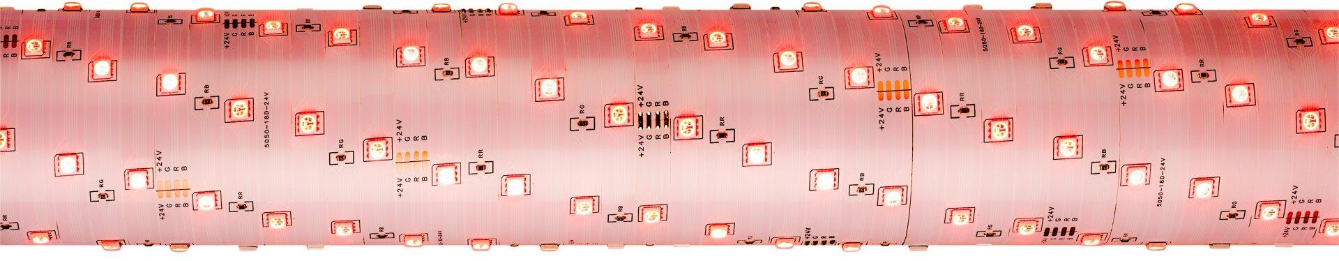 LED Band Stripe mit zahlreichen LED-Dioden in rosafarbenem Farbton, aus der Vogelperspektive zur Darstellung der Länge und der elektronischen Komponenten.