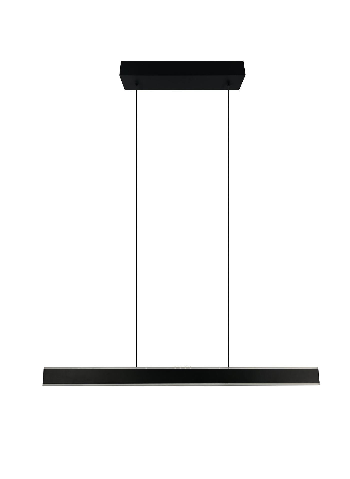 Schwarze Pendelleuchte Croom mit rechteckigem, weißem Leuchtpanel und dimmbarer Beleuchtung, dargestellt aus Vogelperspektive.