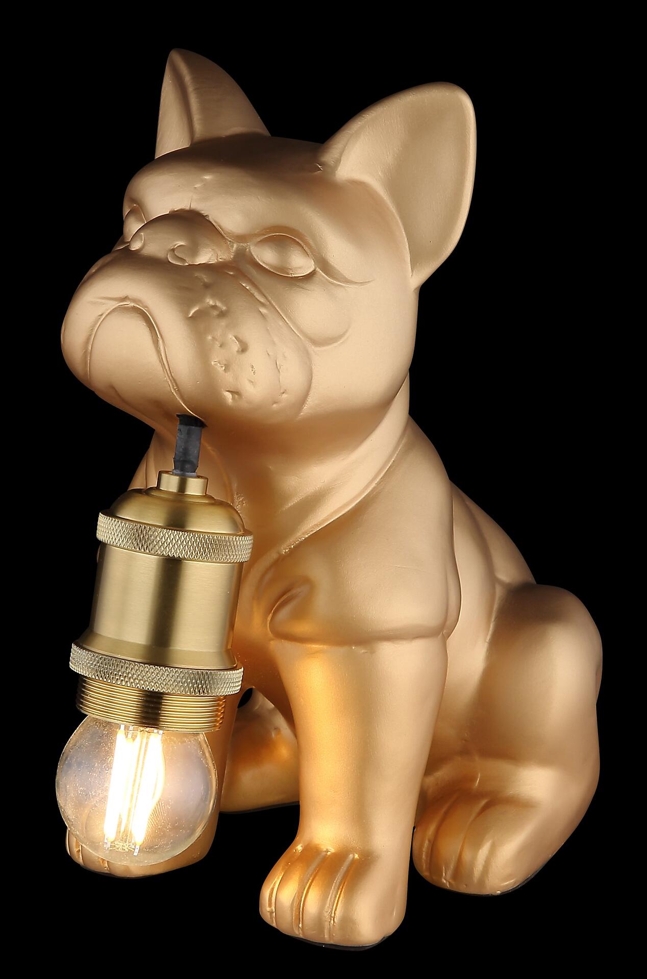 Tischleuchte DOGO in Form einer goldenen, sitzenden Französischen Bulldogge aus Metall mit abwärts gerichtetem Lichtschein aus dem Maul.