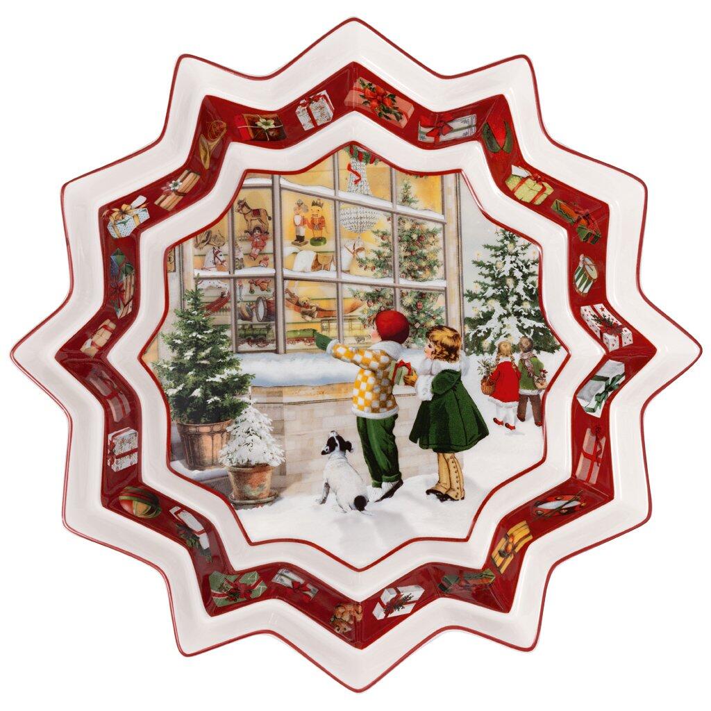 Weihnachtliche Schale von Villeroy & Boch mit handgemalter Szene von Kindern und Hund vor einem Spielzeugladen.