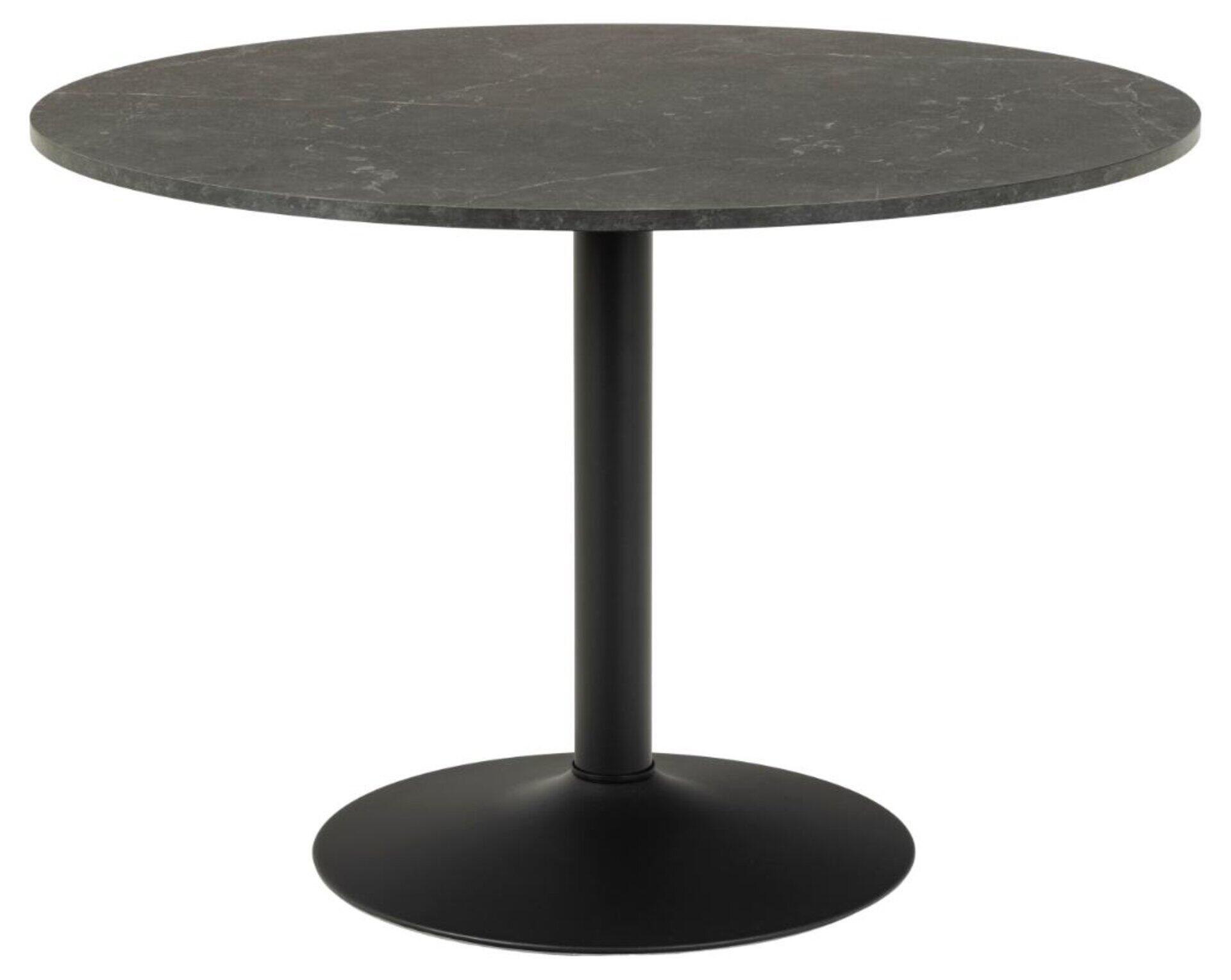 Runder Esstisch Ibiza mit schwarzem Metallfuß und dunkelgrauer, marmorähnlicher Tischplatte, detailreich in gerader Perspektive dargestellt.