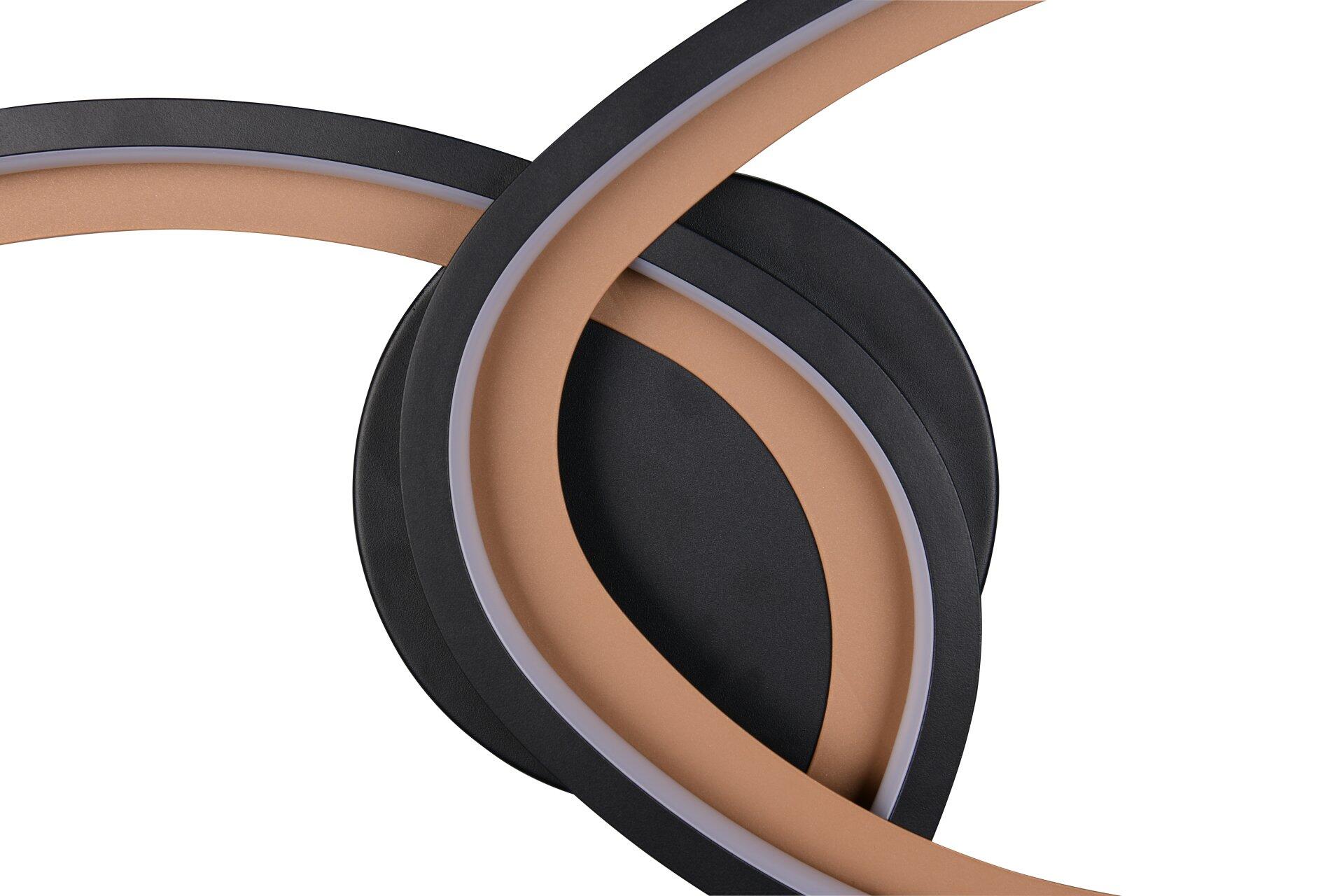 Detailansicht der Deckenleuchte Sivo mit drei verschlungenen Ringen in Schwarz, Beige und Grau.