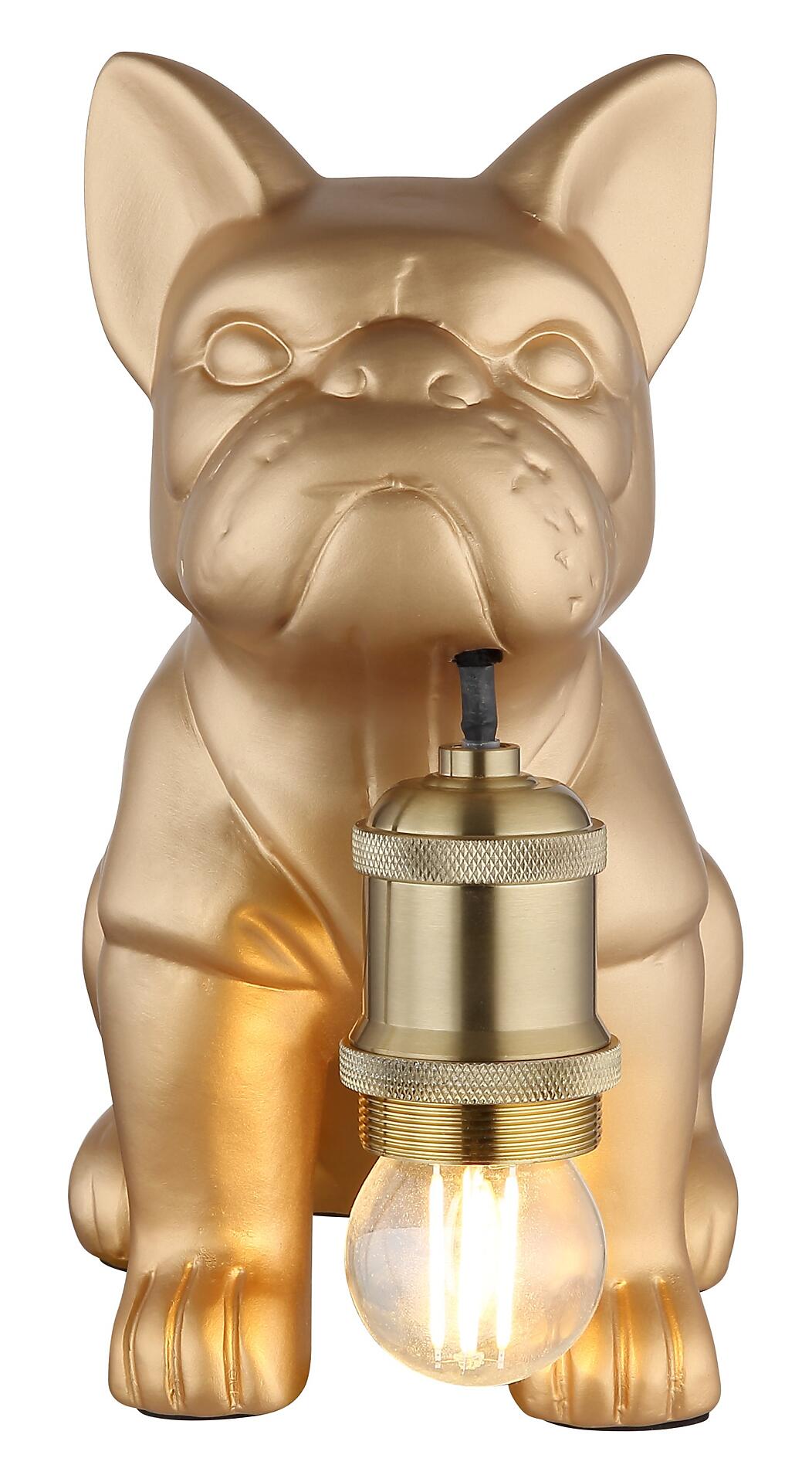 Tischleuchte DOGO in Form einer goldenen Französischen Bulldogge mit abwärts gerichteter Beleuchtung und auffälligem Filament.