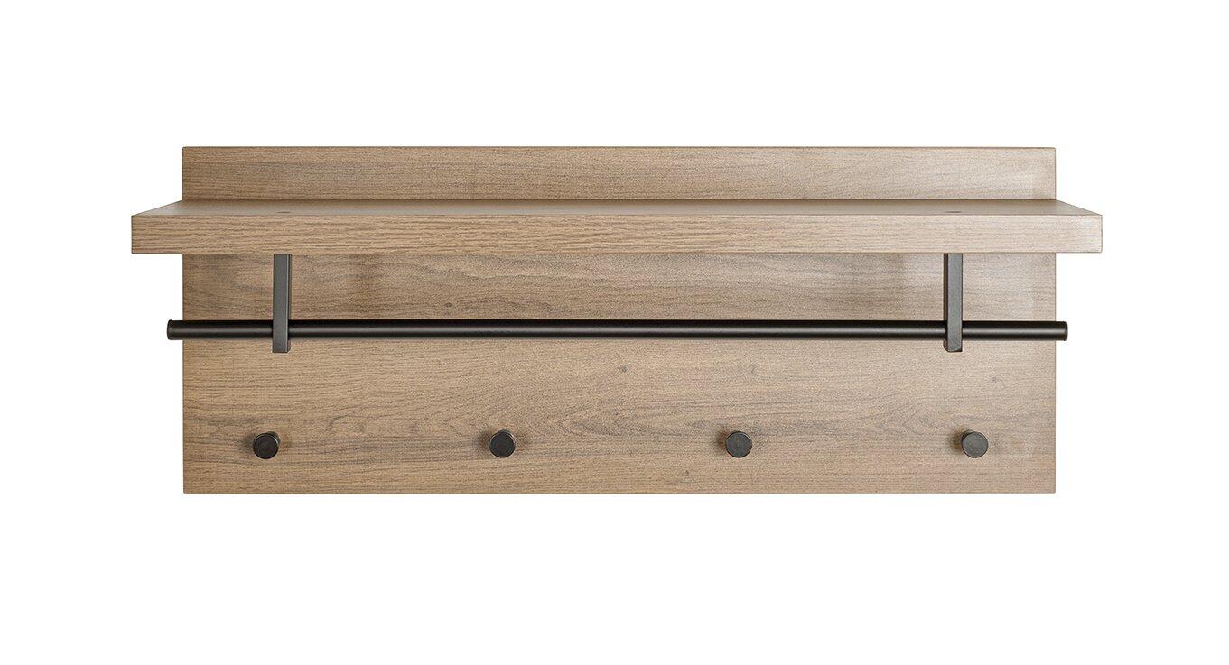 Wandgarderobe 37144 mit Hutablage, Kleiderstange und schwarzen Haken, aus MDF Dekor Eiche dunkel, frontale Ansicht aus leicht erhöhter Perspektive.