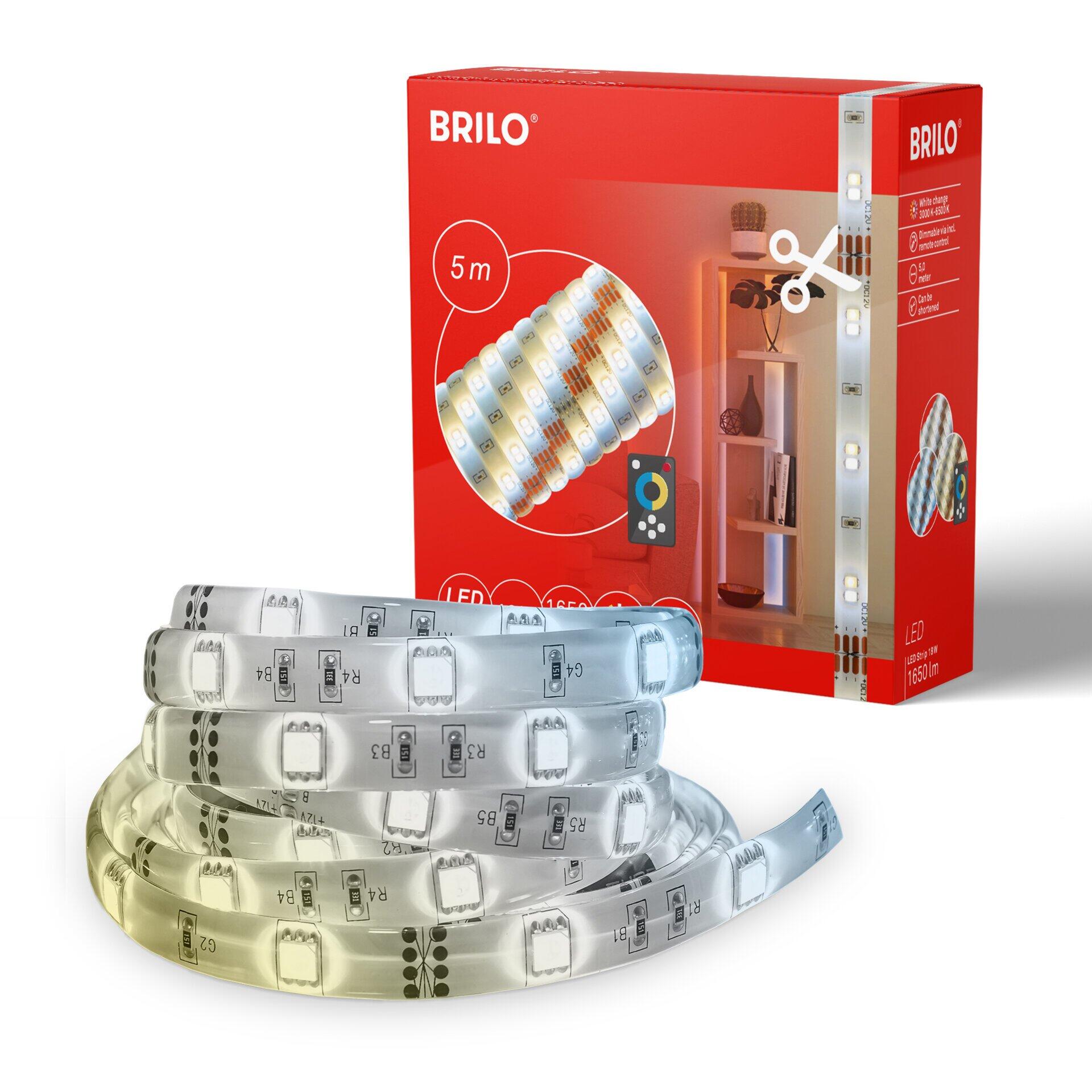BRILO LED Superline Lichtband in warmweißem Licht, Detailaufnahme mit Anbringung und Funktionssymbolen für Dimmbarkeit, Bluetooth und Fernbedienung.