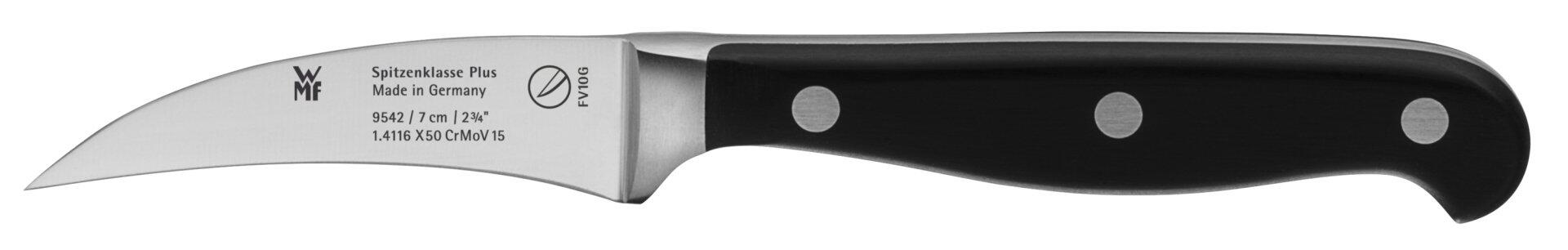 Tourniermesser "Spitzenklasse Plus" von WMF: Seitenansicht eines Winkelmessers mit gebogenem Messarm, Griff mit Löchern und aufgebrachten Maßangaben.