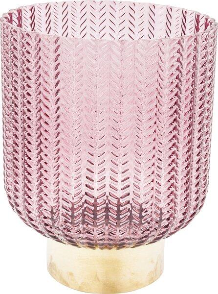 Vase Barfly Berry: Pinkfarbene, zylindrische Laterne mit konischem Unterteil und feinem Rillenmuster auf gebürstetem Sockel.