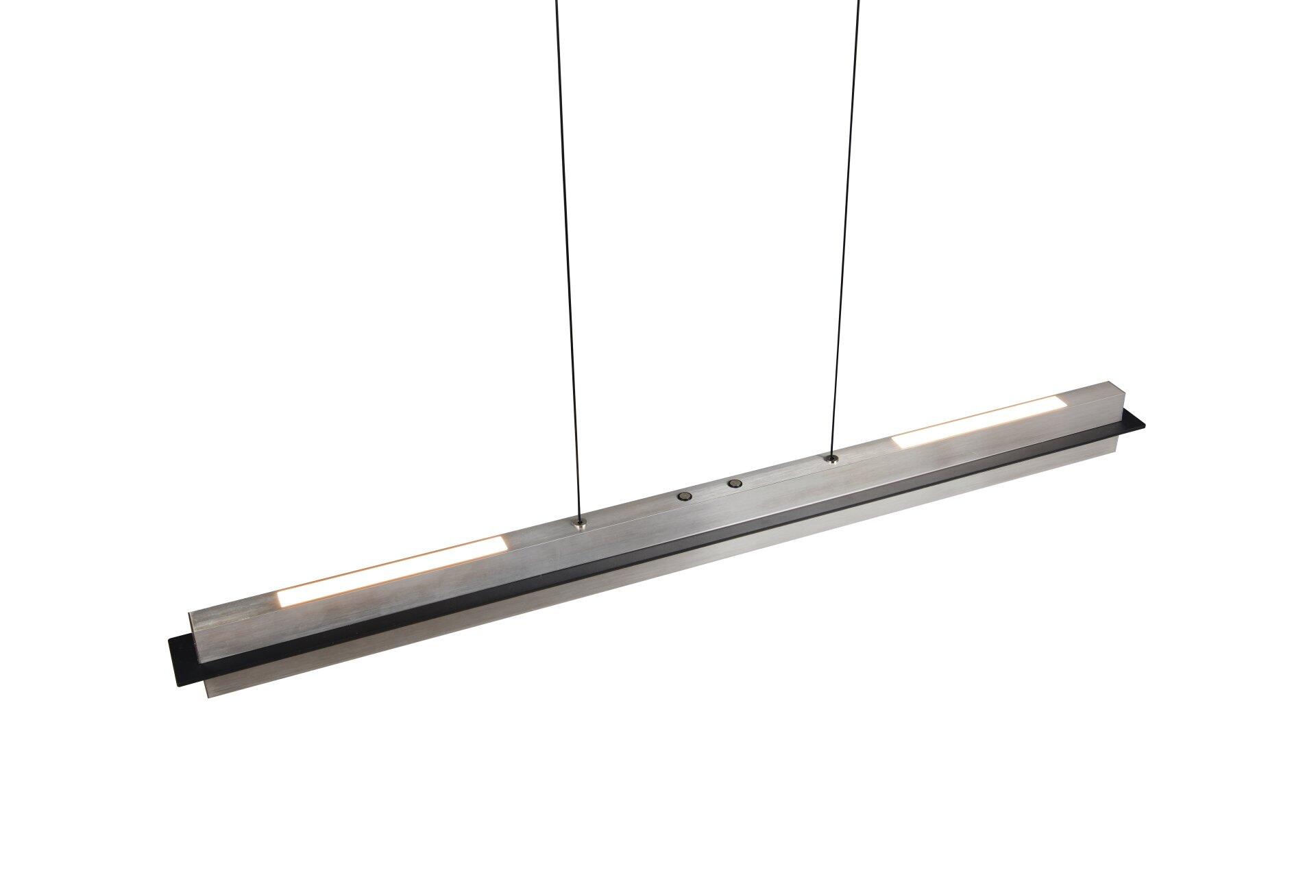 Pendelleuchte Emerson mit silberfarbenem Korpus und LED-Leuchtflächen im Gegenlicht, die stufenlos einstellbare Lichtfarben von warmweiß bis Tageslicht ermöglicht.