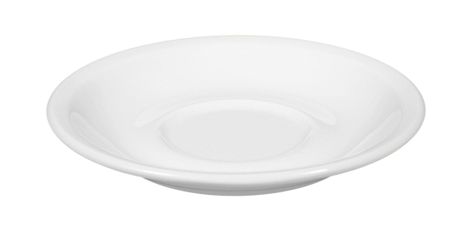 Weisse Kaffeeuntertasse Compact mit nach innen gebogener Kante und kreisförmigem Hohlraum für eine Tasse.