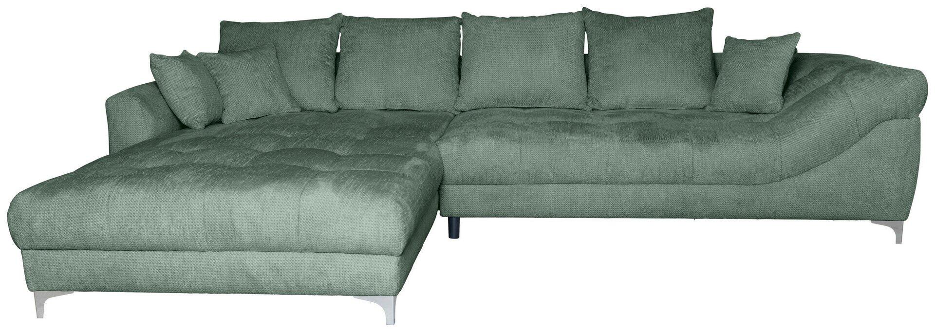 Hellgrünes Ecksofa mit Eckbank und strukturierter Oberfläche.