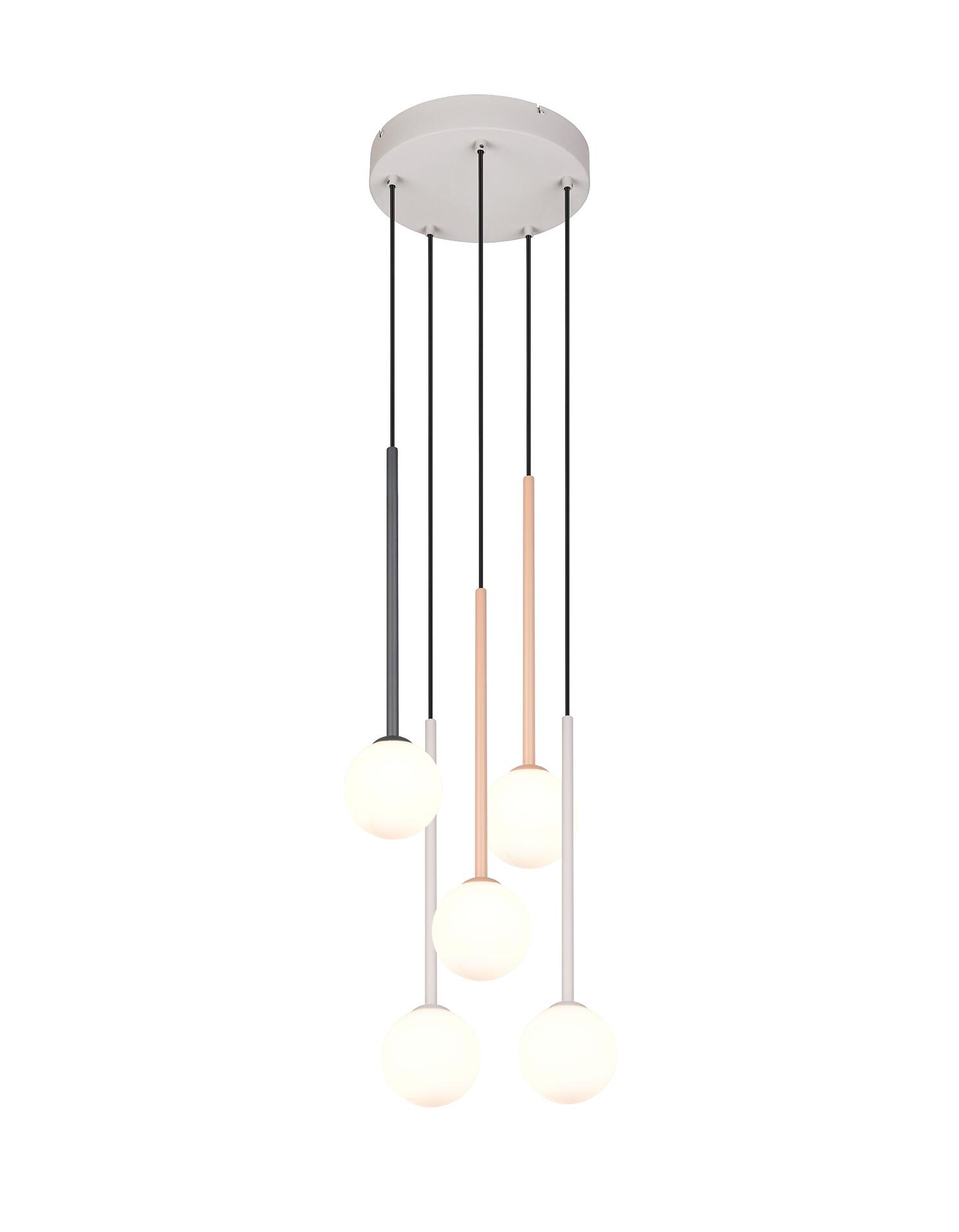 Pendelleuchte Firano: Moderne Pendelleuchte mit fünf farbigen, unterschiedlich langen Strahlen und weißen Kugeln als Lampenschirmen, dargestellt in gerader Frontalperspektive.