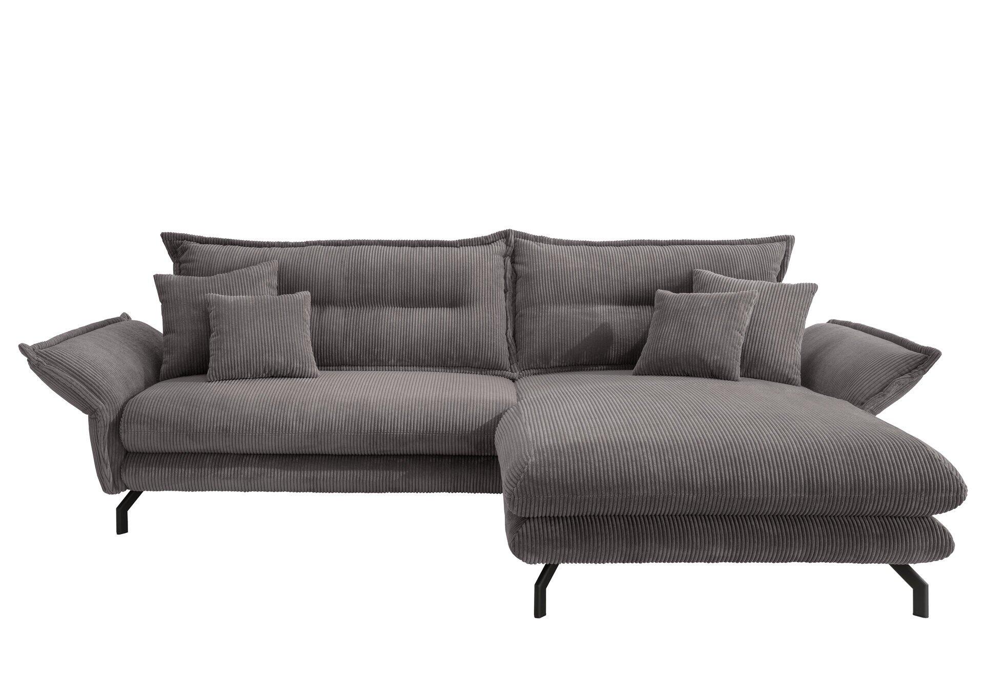 Ecksofa Lava in Frontperspektive mit Cordbezug, schwarzem Winkelfuß und breiten Armlehnen.