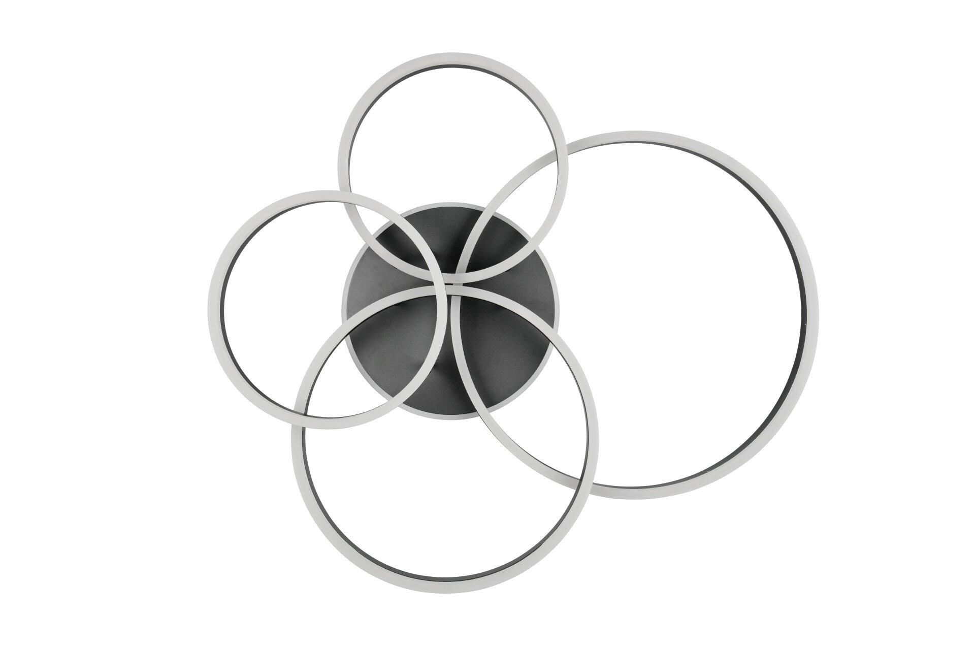 Deckenleuchte Drake aus der Frontalperspektive mit ringförmigen Elementen und reliefmuster-bedeckter zentraler Scheibe, die eine moderne und skulpturale Optik erzeugt.