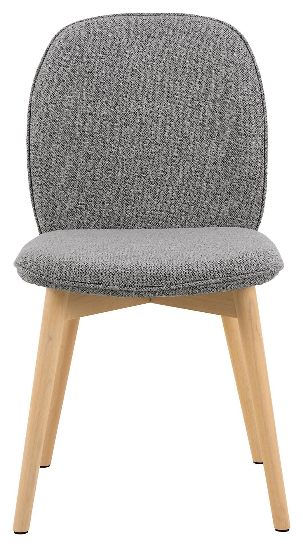 Esszimmerstuhl Cindy mit grau bezogener, leicht gewölbter Sitzfläche, Stoffbezug, hellen Holzbeinen mit schwarzem Fußkappen und modernem Design.