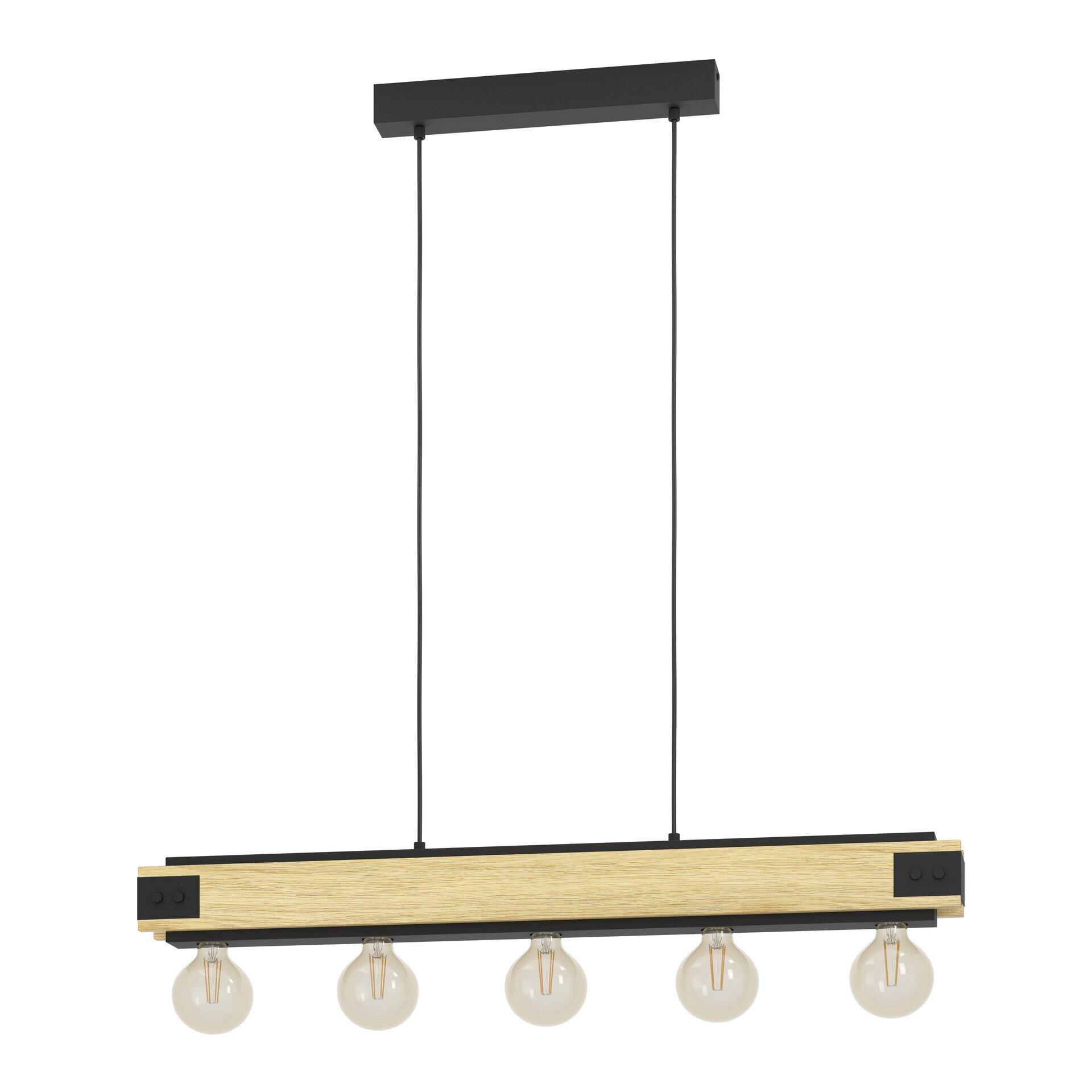 Pendelleuchte Layham mit fünf Glühbirnen an dünnen Metallarmen, dargestellt im Gegenlicht und von leicht erhöhter Perspektive, betont das minimalistische Design und die warmen Lichtakzente.