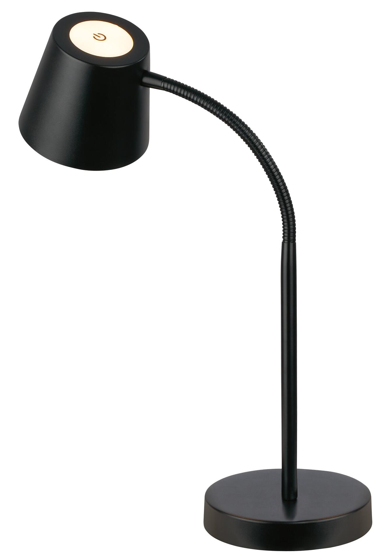 Tischleuchte Biwo im ¾-Profil mit konischem Lampenkopf und flexiblem Arm zur flexiblen Ausrichtung des Lichts.