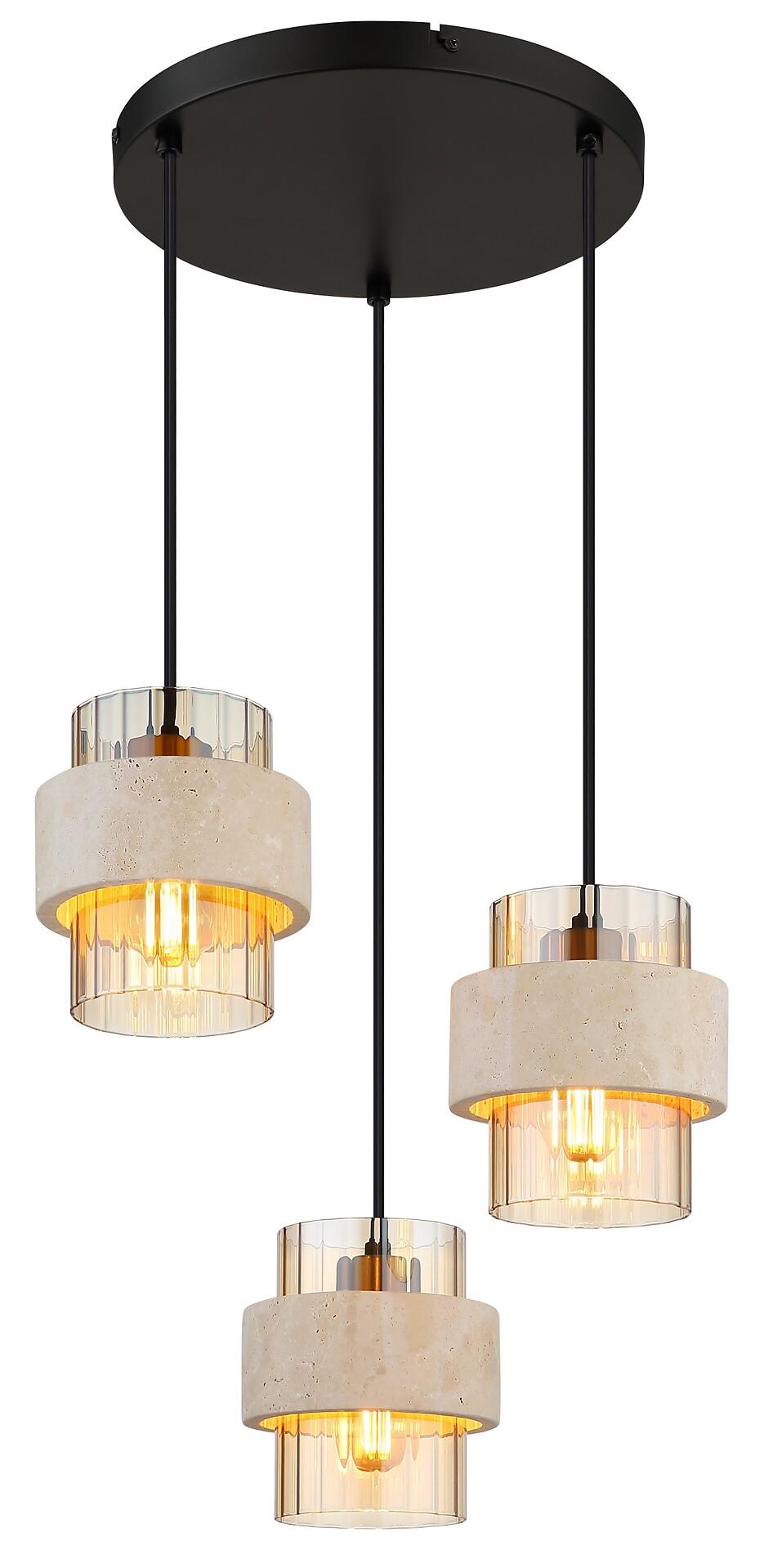 Hängeleuchte DAREN mit drei zylindrischen, Beton-ähnlichen Elementen, golden-orangefarbenen Glaselementen und sichtbaren Glühbirnen, dargestellt an einer Metallkette vor weißem Hintergrund.