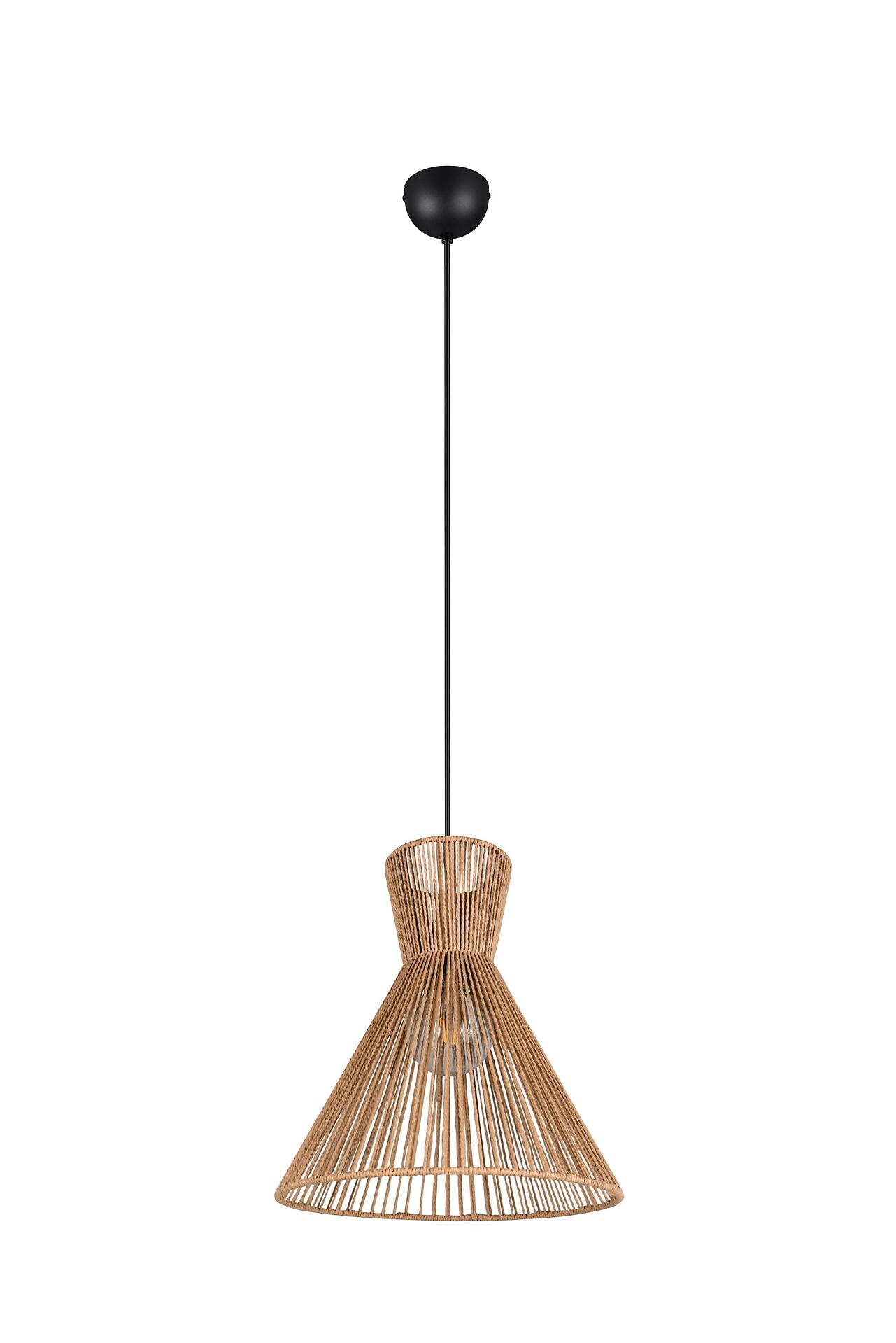 Pendelleuchte Rosalie mit gewebtem, trichterförmigem Schirm und sichtbaren Glühbirnen, an schwarzem Kabel von einer Deckenplatte hängend.