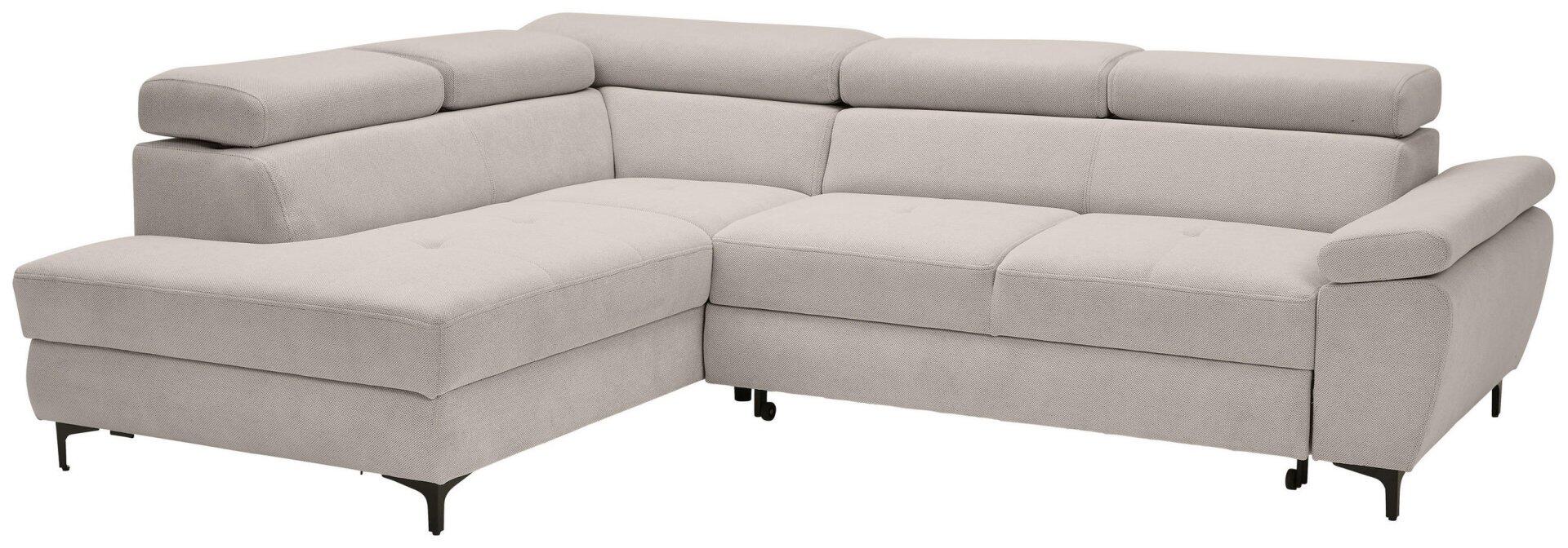 Ecksofa Combo in Vogelperspektive mit ausziehbarer Liegefläche, verstellbaren Kopfstützen und Kopfteilen sowie schwarzen Metallfüßen.