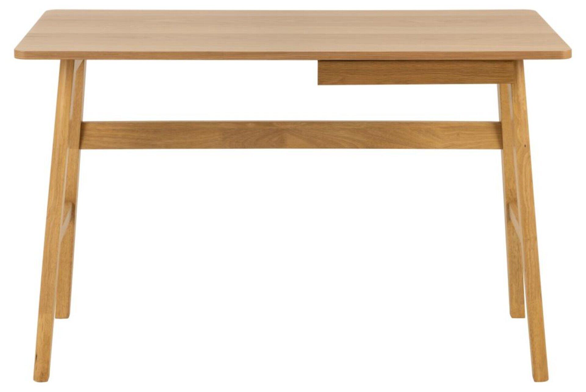 Schreibtisch Barnett mit einer Schublade und schrägen Holzstützen, aus der Frontalperspektive dargestellt.