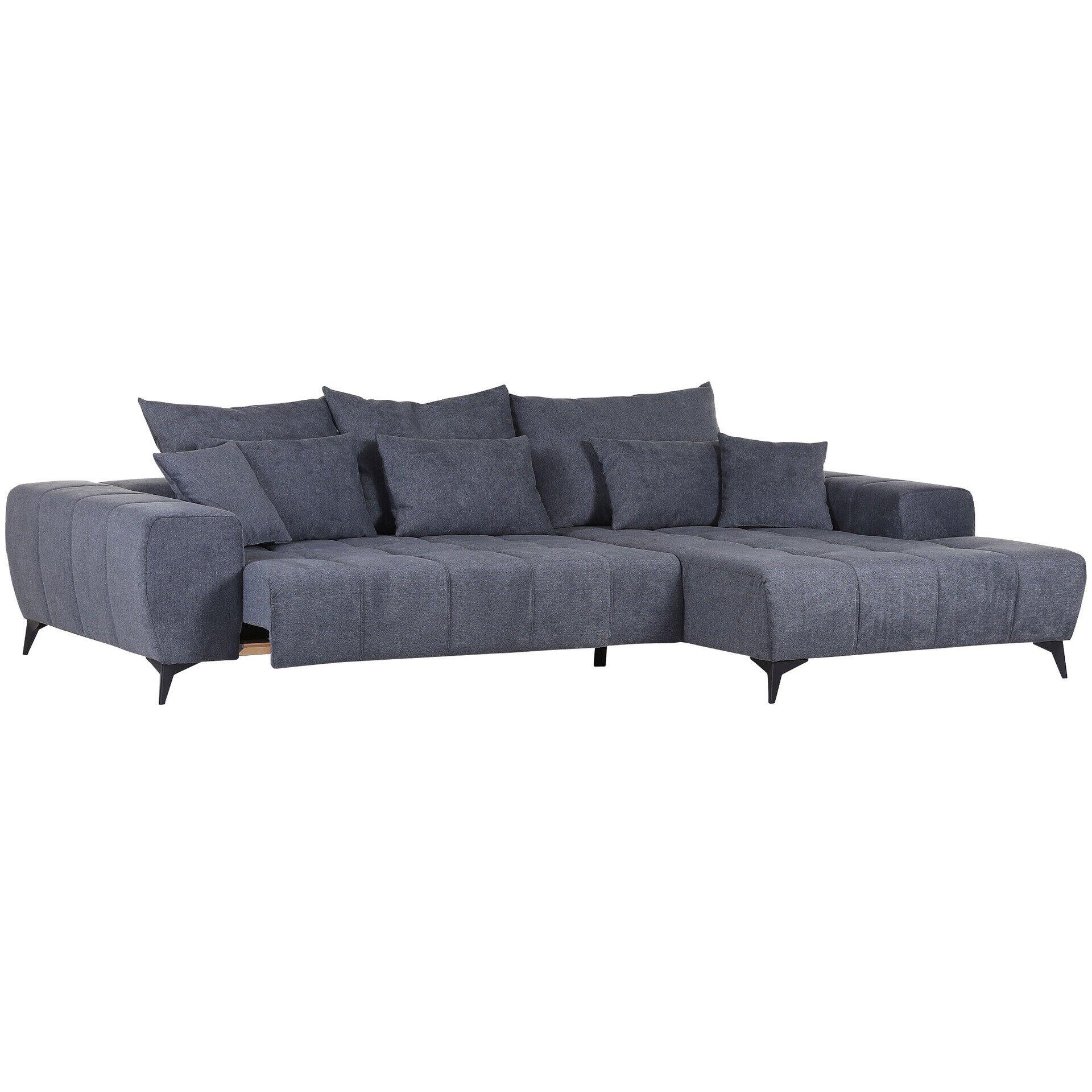 Graues Ecksofa Cheat in Frontalansicht mit segmentierter Sitzfläche, hochgezogener Sitzfläche zur Demonstration der Ausziehfunktion und schmalen, farblich abgestimmten Füßen.