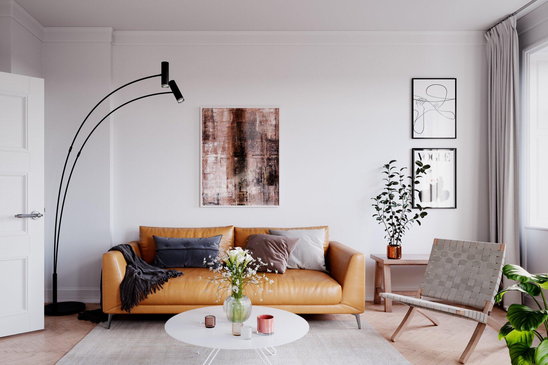 Stehleuchte Puls im Wohnzimmer, detailreich mit verstellbarem Lampenkopf und schlankem Design, aus erhöhter Perspektive im Raum integriert.