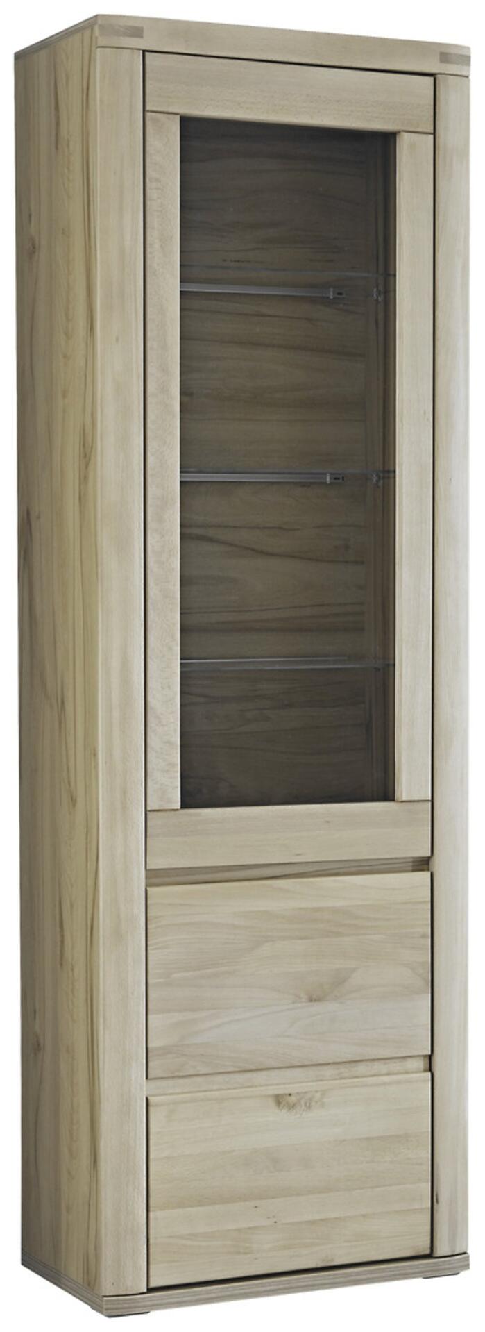 Vitrine Timos mit Glastür und drei Schubladen, frontal abgebildet, zeigt die natürliche Holzoptik und die Regalböden hinter den Glasscheiben.