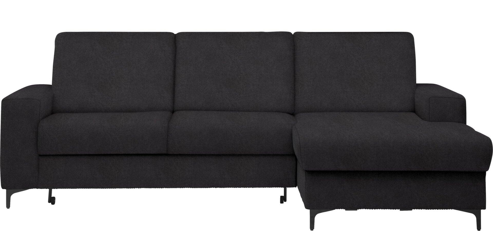 Graues Ecksofa Balina in Frontalperspektive mit verstellbaren Rückenlehnen und schwarzen Metallfüßen.