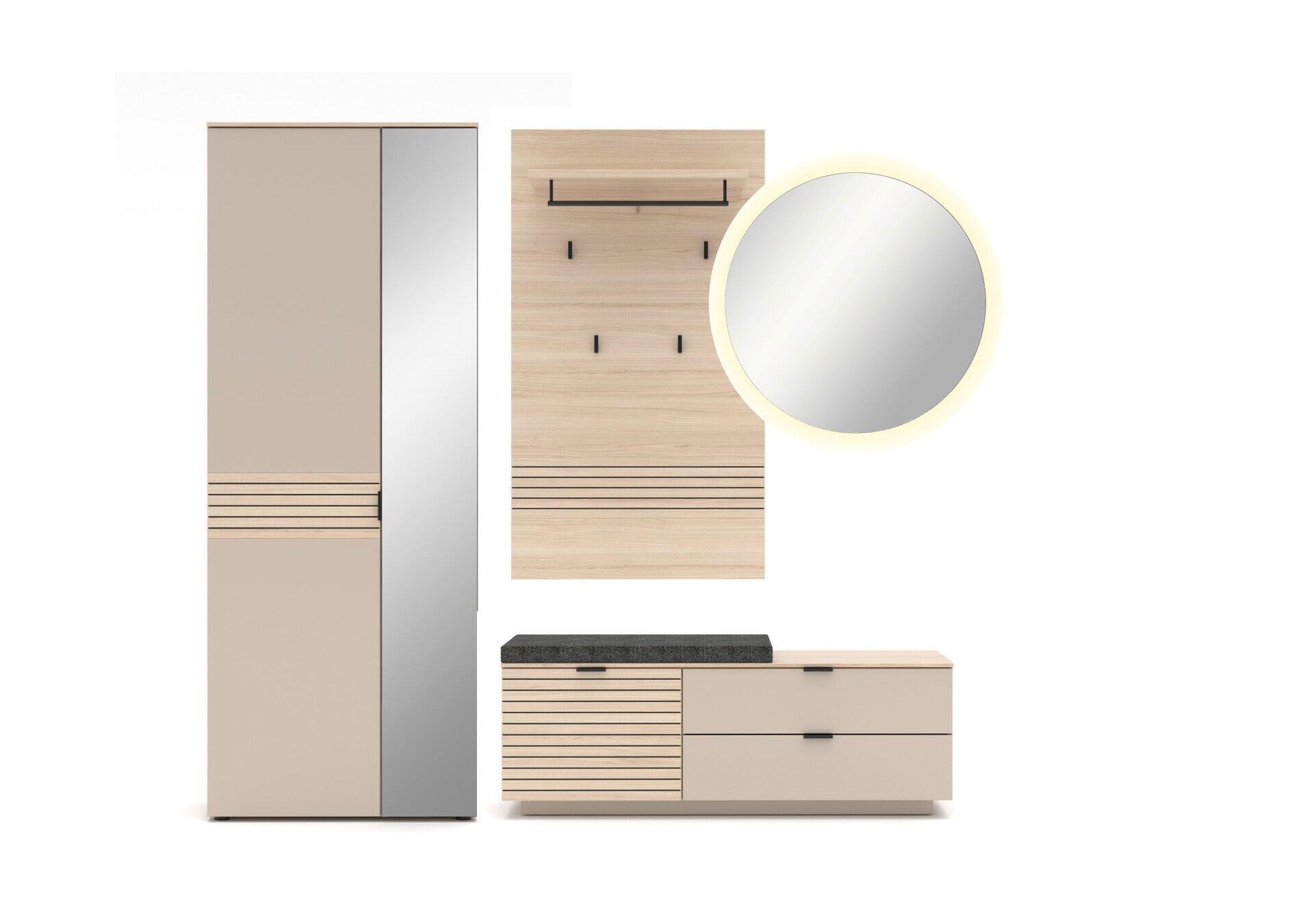 Garderoben-Kombi Ina mit Kleiderschrank, Lowboard und Wandspiegel mit LED-Rahmen, gezeigt in einer Möbelumgebung mit horizontalen Lamellen und dunkelgrauen Flächen.