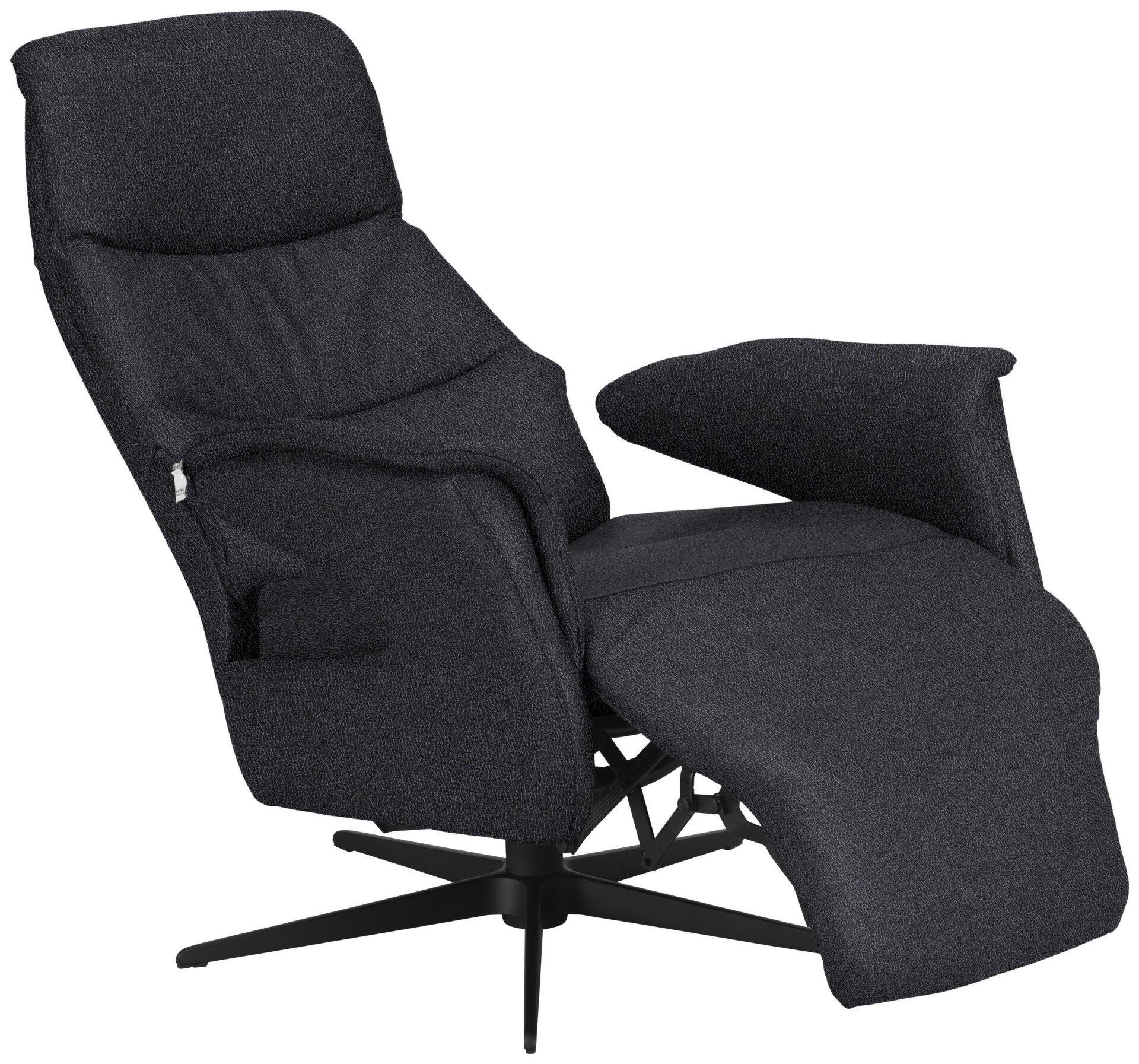 Relaxsessel 8102 mit Sternfuß in Schwarz, drehbar und mit seitlicher Tasche an der Armlehne, aus der Vogelperspektive erkennbar.