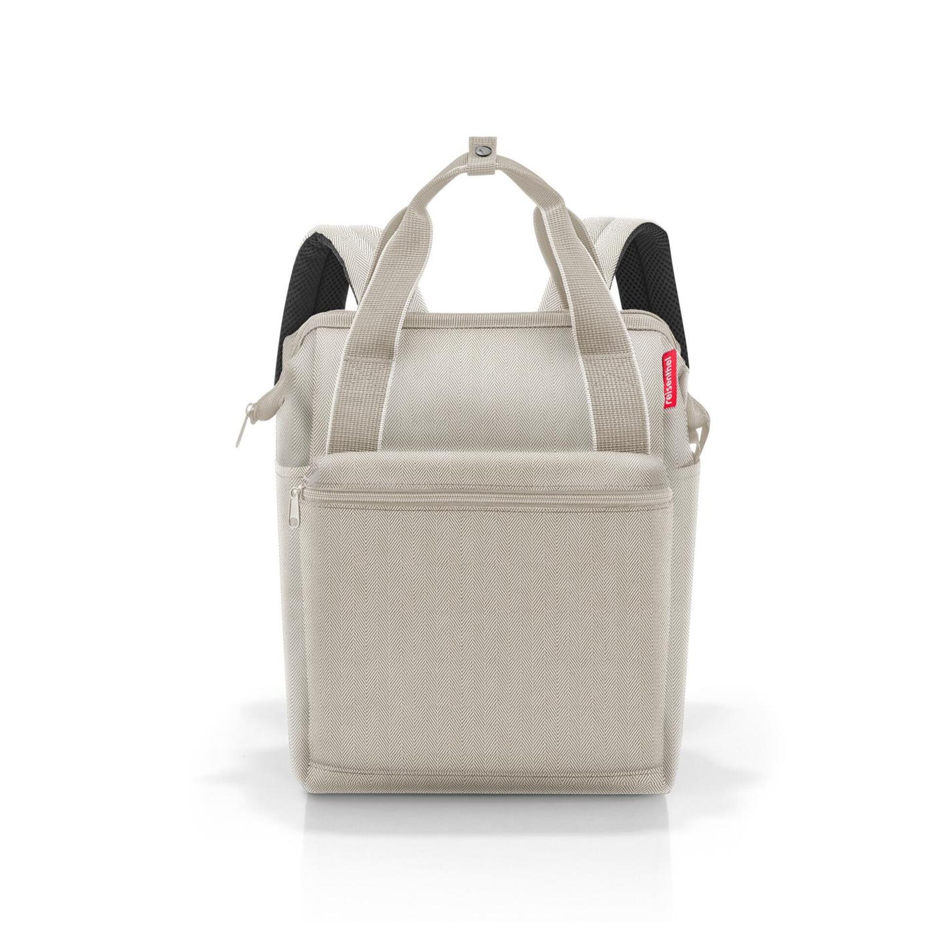 Lunchtasche Allrounder r in Grau mit zwei Reißverschlussfächern und Tragegriff, frontal und leicht von unten fotografiert.