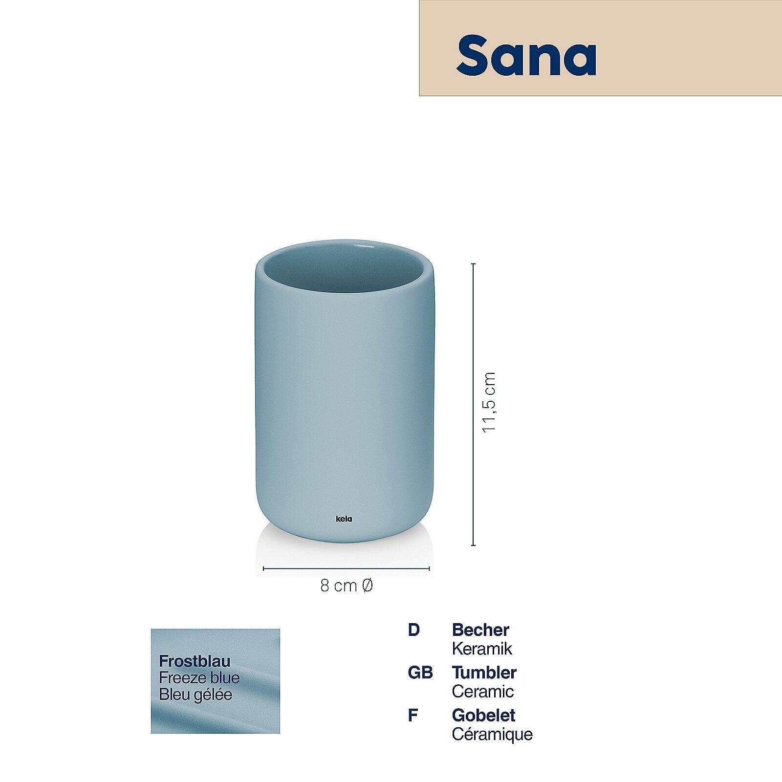 Becher Sana in frostblau mit dem Logo "keia" – zylindrische Form, 8 cm Durchmesser und 11,5 cm hoch.
