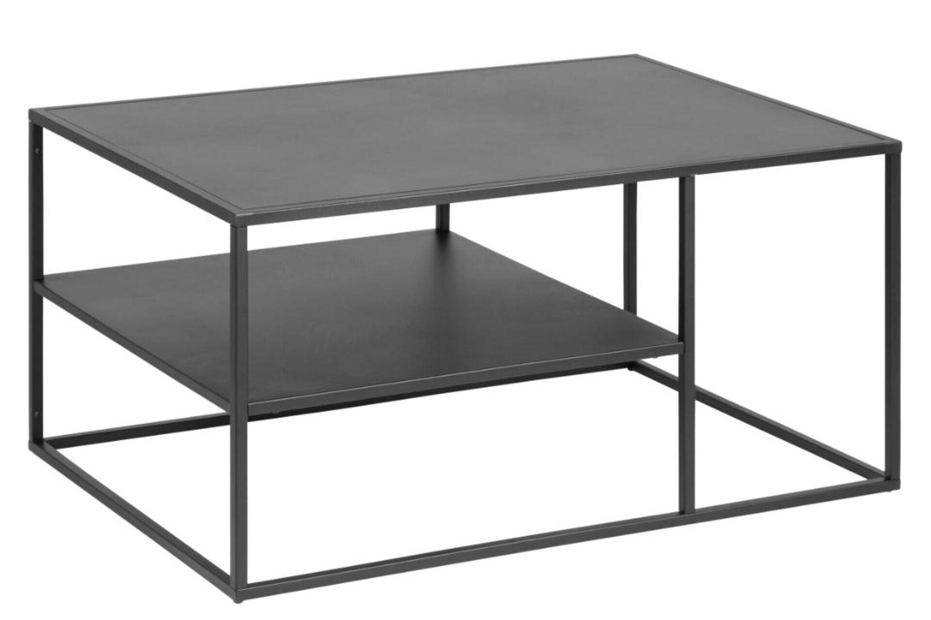 Couchtisch Newton mit zwei Ebenen und schwarzem Metallgestell, aus einer frontalen, leicht unterblickten Perspektive.