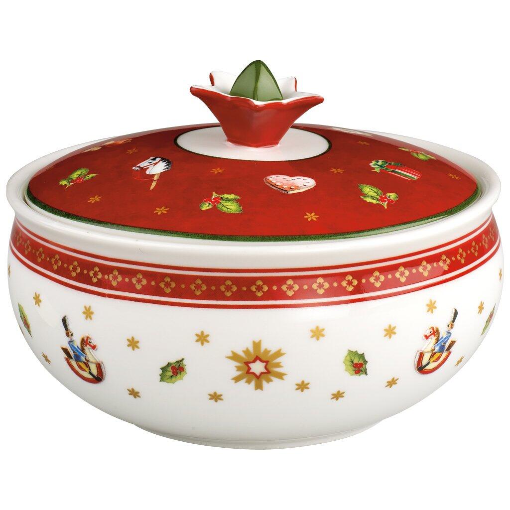 Weihnachtliche Zuckerdose Toy's Delight von Villeroy & Boch mit rotem Rand, verziert mit Spielzeugpferdchen, Zuckerstange, Weihnachtsmann und weihnachtlichen Motiven.