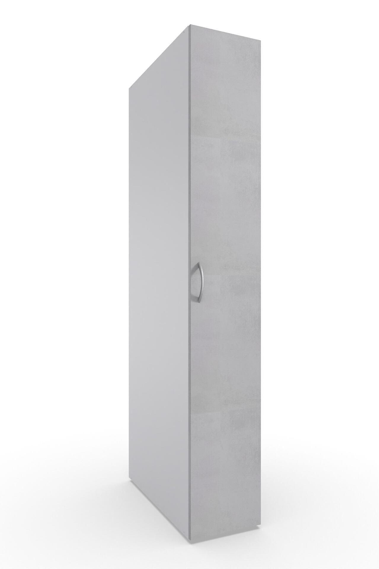Grauer Schrank aus der Multiraumkonzept-Serie, Abs. Beton Nb. lichtgrau, mit einer Tür, silberner Griffleiste und einer Frontalansicht, die das schlichte Design betont.