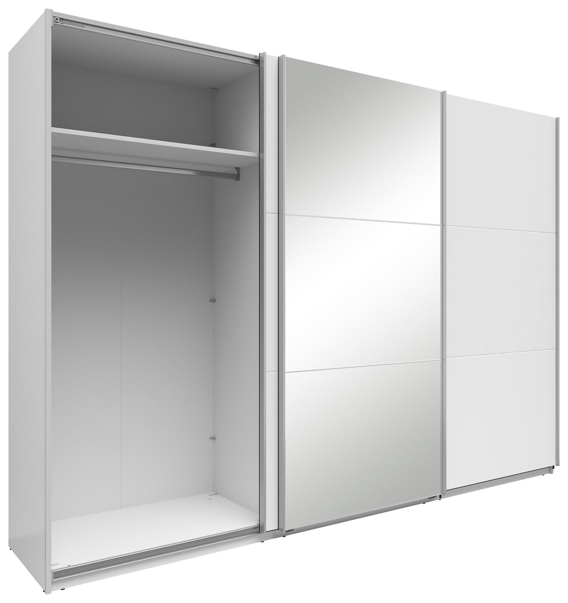 Schwebetürenschrank Neo in Weiß mit Spiegelglass-Front und geöffneter Tür, die einen Innenraum mit Kleiderstange und Ablagefläche aus der Seitenperspektive zeigt.