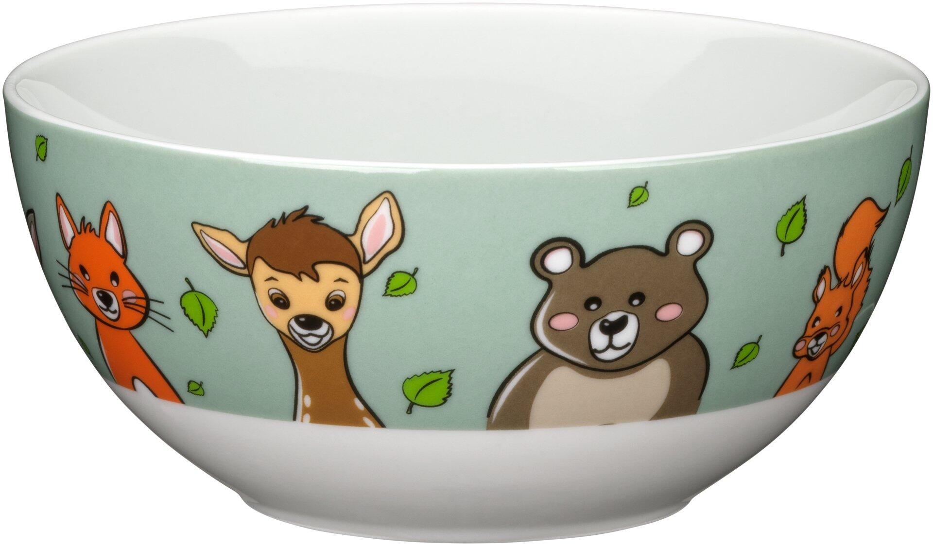 WMF Kinderbesteck-Set: Grüne Schale mit Tierillustrationen, geeignet als Aufbewahrungsbehälter.