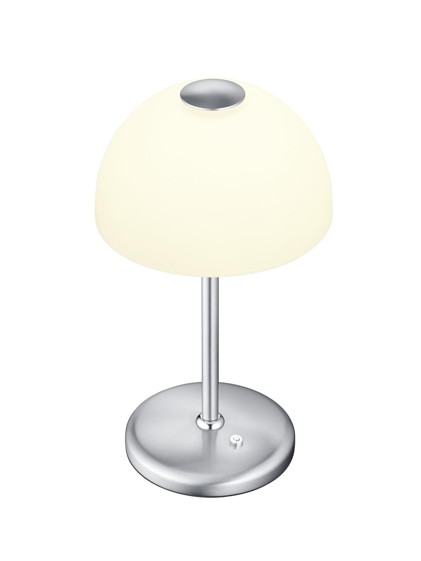 Tischleuchte Moon mit dimmbarer LED-Beleuchtung und weißem Glasschirm, dargestellt in einer Frontalperspektive mit dem silberfarbenen Fuß und dem versenkt liegenden Dimmerknopf.