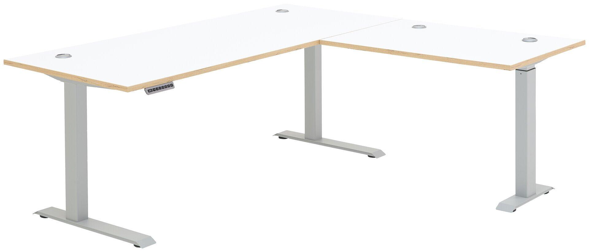 Schreibtisch Memphis mit weißer Tischplatte, Holzakzentleiste und höhenverstellbarem, grauem Metalluntergestell mit Bedienelement für die Höhenverstellung.