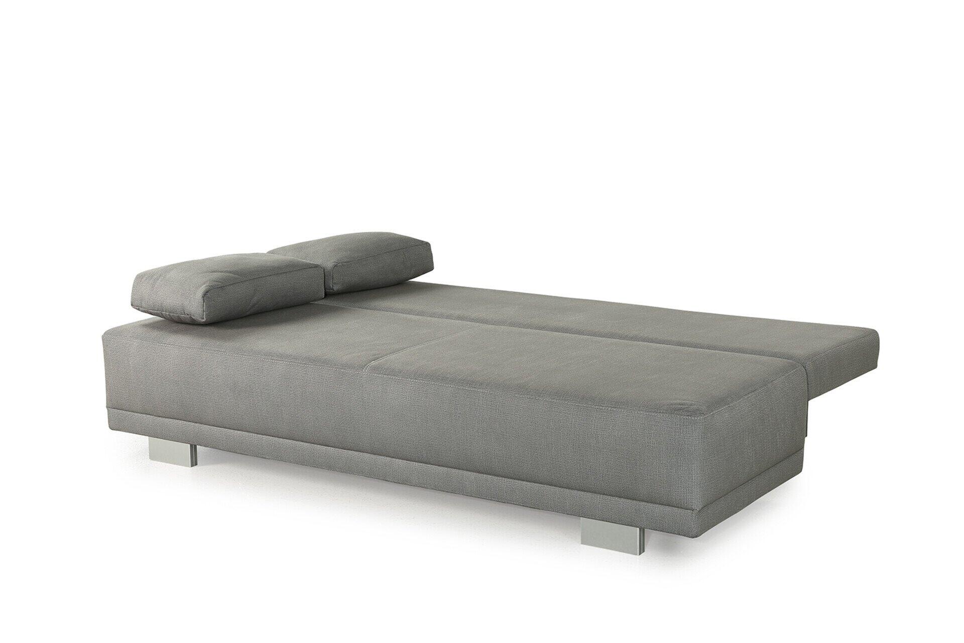 Schlafsofa Luzio in Grau mit silberfarbenen Füßen, hier im hochgeklappten Zustand zur Darstellung der Bettfunktion gezeigt.