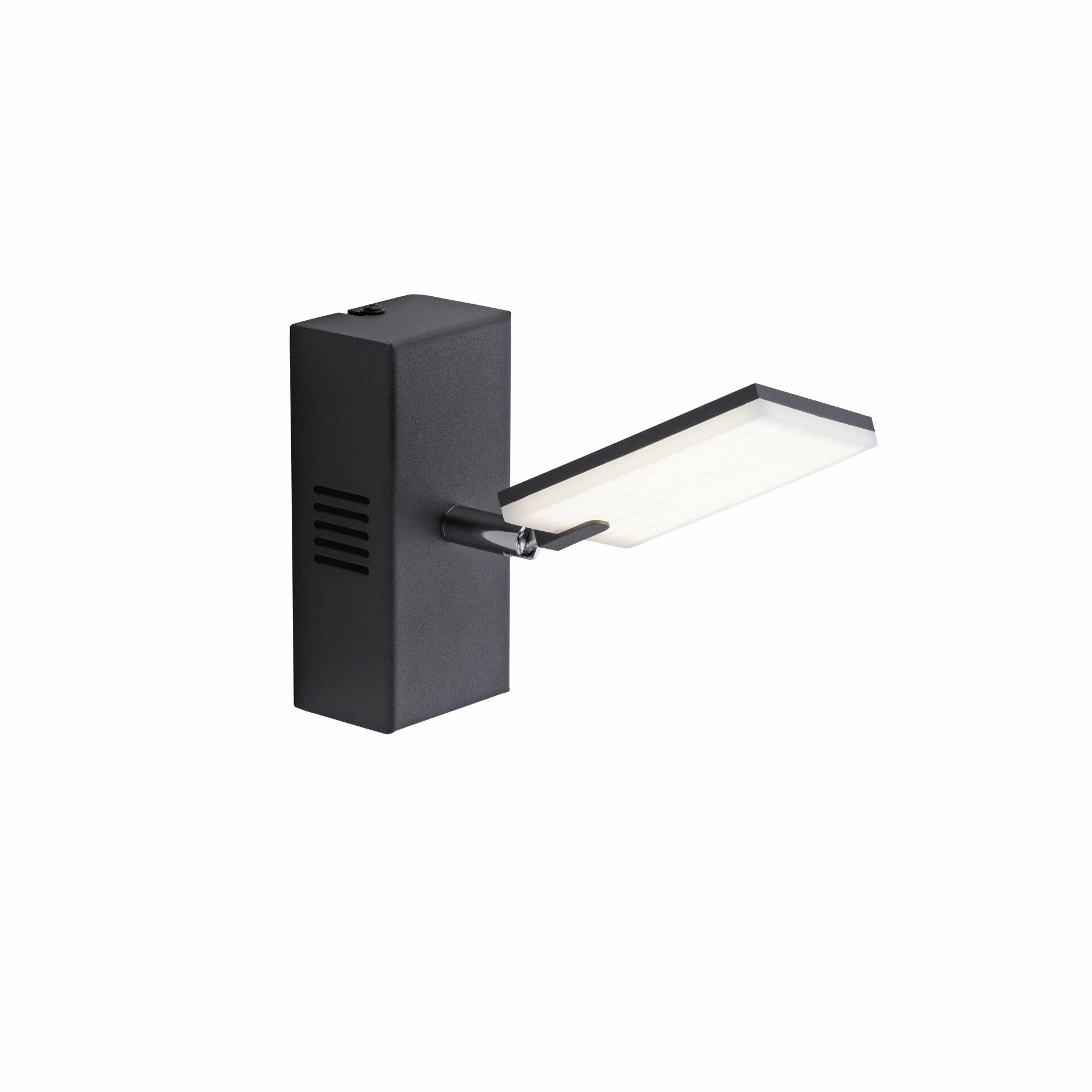 Wandleuchte Pure Mira im 45-Grad-Winkel mit würfelförmigem Korpus, schmalem Lampenkopf und horizontal ausgerichteter, weißer Lichtplatte zur Wandmontage.
