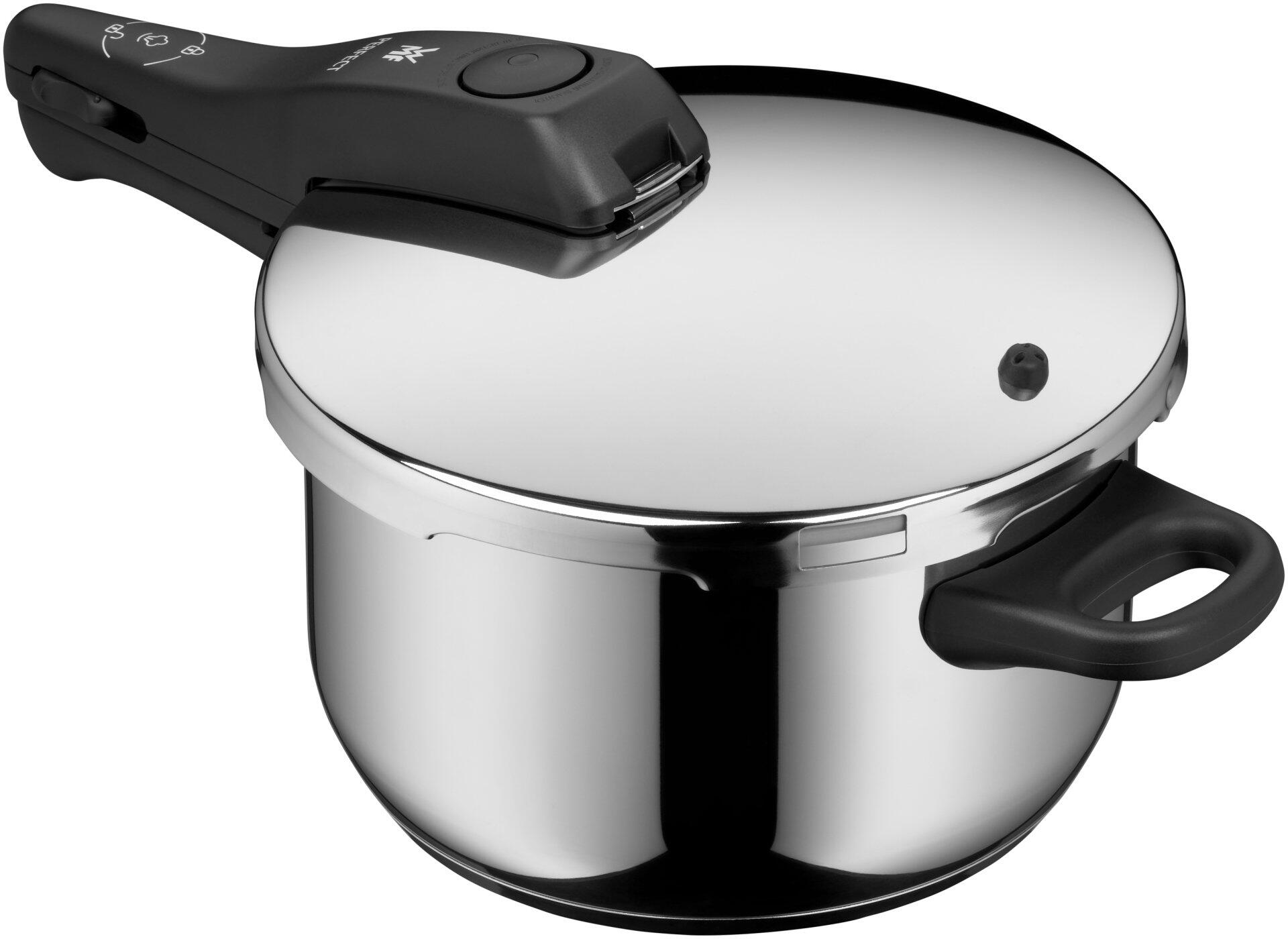 WMF Schnelltopf Perfect New, 4,5 Liter, aus Edelstahl mit abgerundeten Ecken und ergonomischem Kunststoff-Tragegriff, in Dreiviertelperspektive dargestellt.