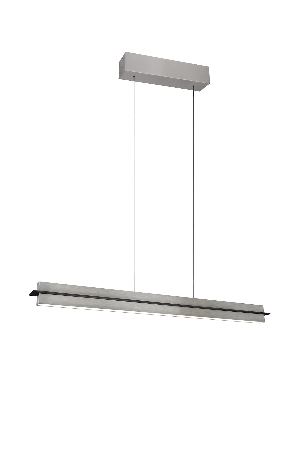 Pendelleuchte Emerson mit rechteckiger Leuchtfläche und silberfarbenem Rahmen, die in stufenloser Lichtfarbe von warmweiß bis Tageslicht einstellbar ist.