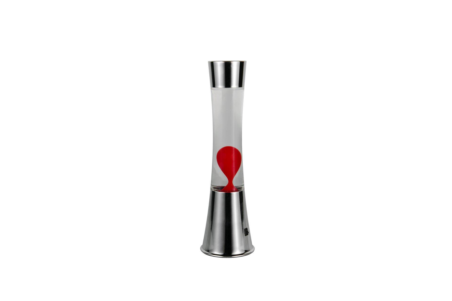 Lava Lampe Etna mit silbernem Fuß und durchsichtigem Glaszylinder, in dem rote Lavatropfen sichtbar sind.
